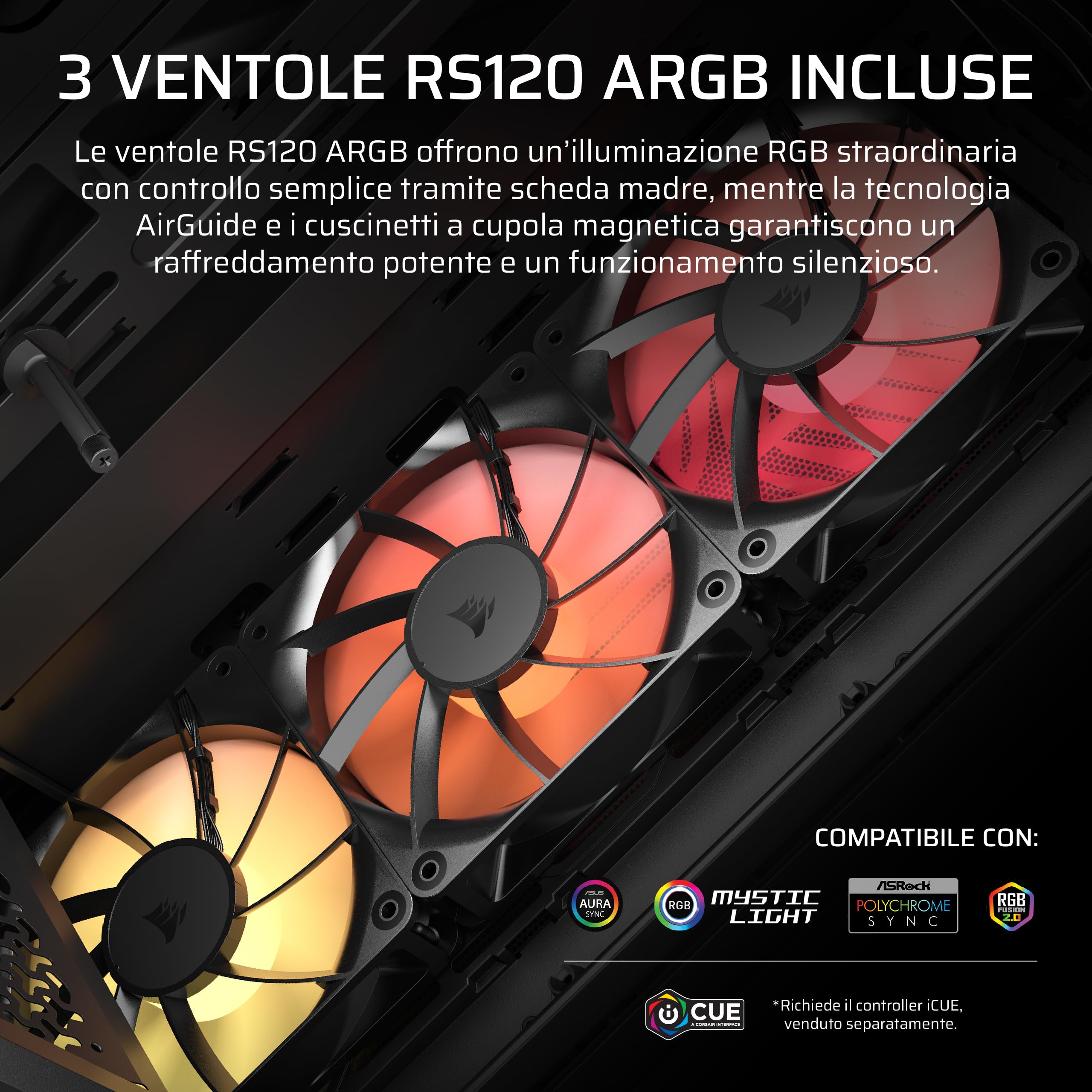 CORSAIR 3200D RS ARGB Case PC Mid Tower – Fumo | 3 Ventole RS120 ARGB, Flusso D'aria Elevato, Compatibile Radiatore 360mm, Compatibile Con Schede Madri Connessione Inversa