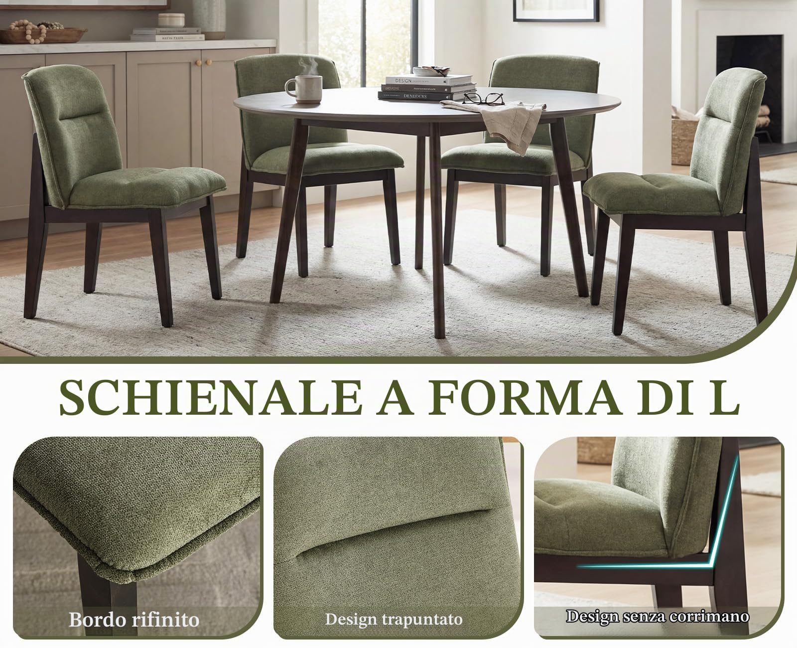 chairus 4 PZ Sedie Cucina in Tessuto con Gambe in Legno, Verde