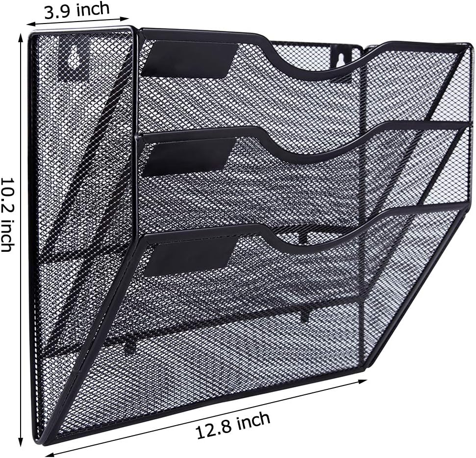 EASEPRES 3 Pocket Mesh Hanging Wall File Organizer, Wall Mounted Mail Paper Document Folder Holder, Clipboard Storage Organization Magazine Rack with Nametag Label for Office Home School, Black - Image 2