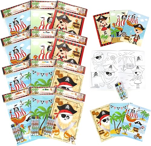 TINYMILLS Juego de libros para colorear de piratas con 12 libros para colorear y 48 crayones piratas suministros para fiesta de cumpleaños, bolsa de