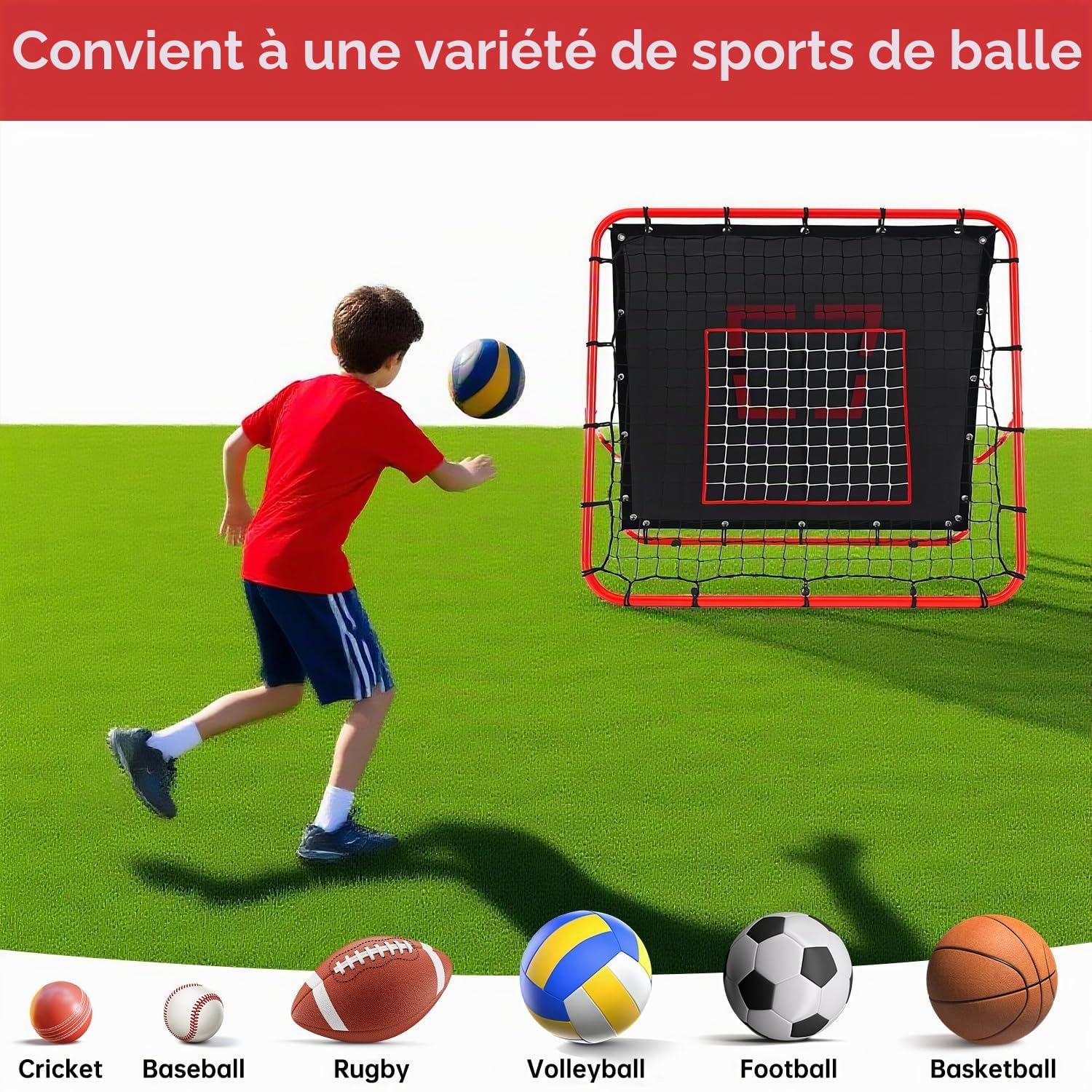 Filet de Rebond Double Face - Angle réglable sur 5 Niveaux Filet de Rebond avec Cible de Kickback pour Enfants But de Football Portable pour Jardin extérieur 100x100 cm Rouge Filet de Rebond Football