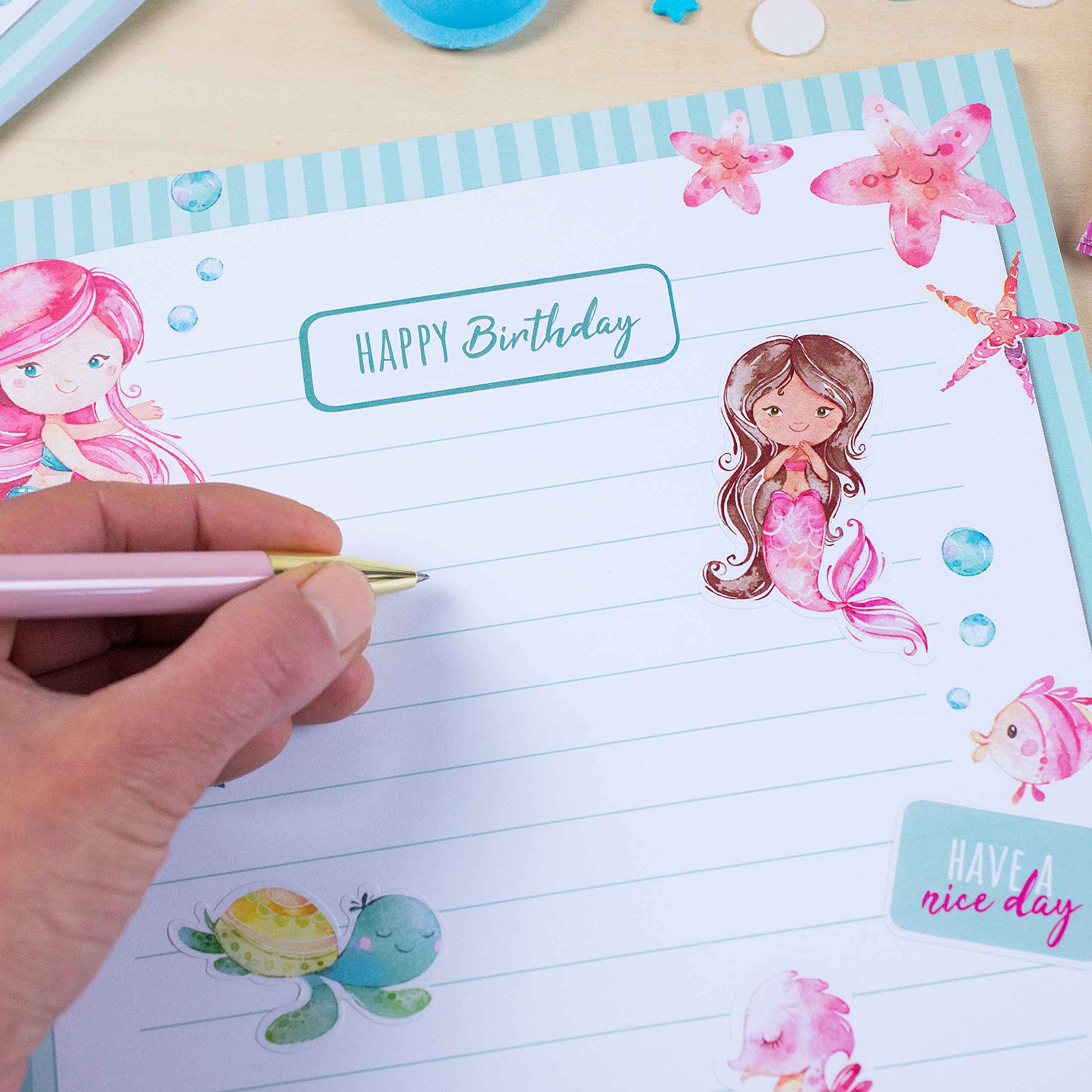 Papierdrachen Set di Blocchi per Lettere - 50 fogli colorati stampati - Carta da lettere con adesivi - 20 buste - Idea regalo per bambini Sirena