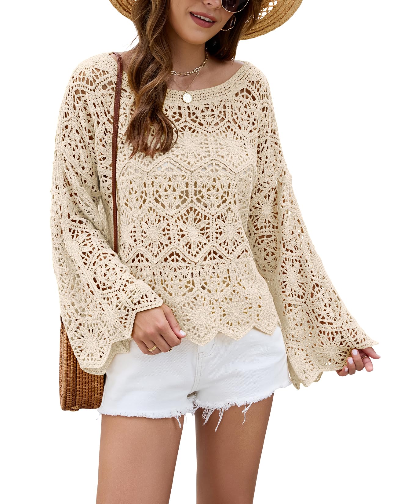 Womens Oversized Long Bell Sleeve Boat Neck Crochet Tops Hollow Out Knit Sweater Pulllover Tops Coverup Outfits-image-43