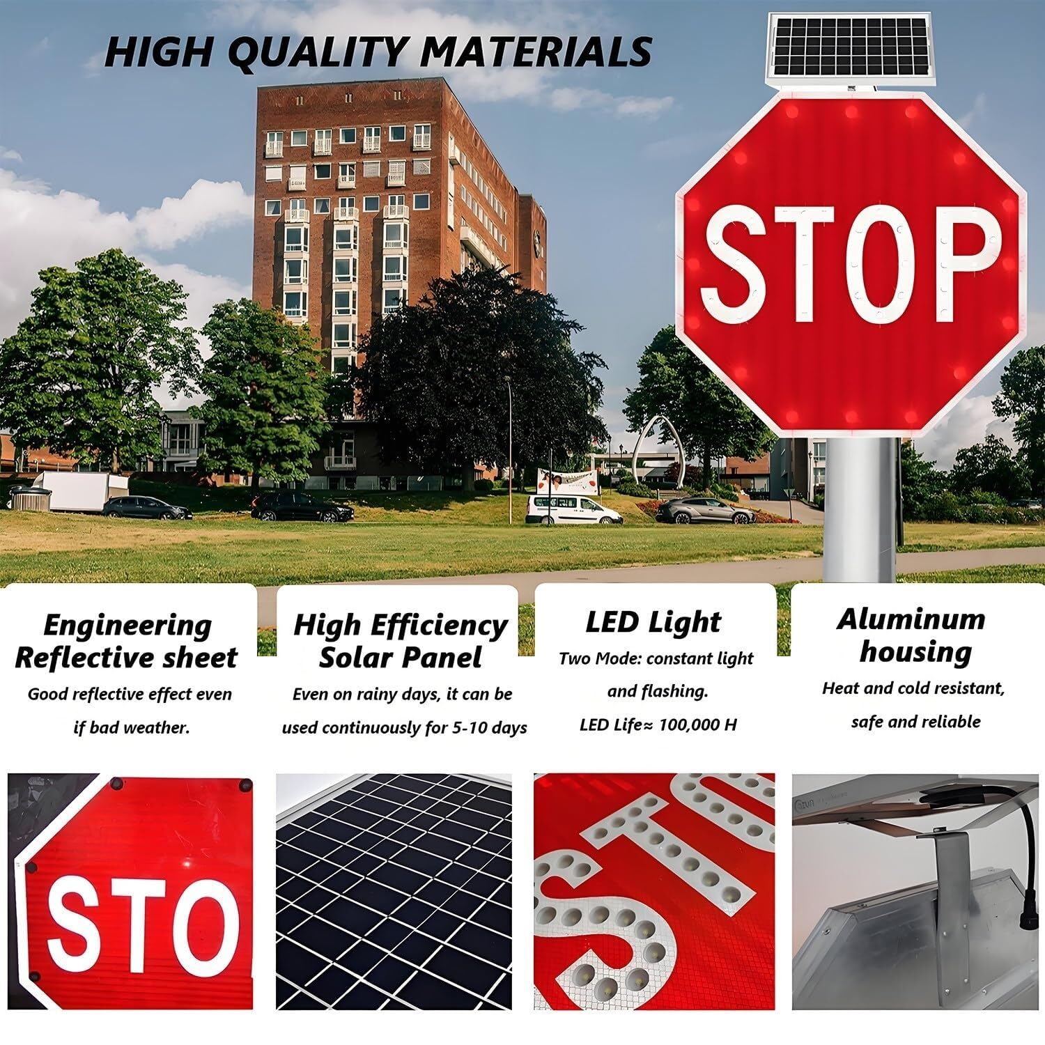 Znak Drogowy Z Migającą Diodą LED Zasilaną Energią Słoneczną, Wytrzymały, Ośmiokątny Aluminiowy Znak Drogowy Z Odblaskową Folią O Jakości Inżynierskiej(32")