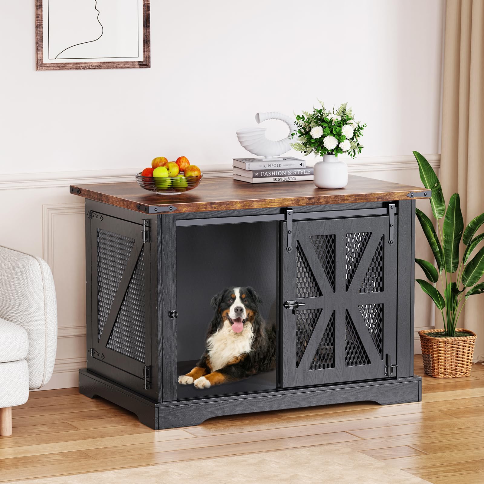 Dog Crate Furniture, 100cm Indoor Dog Crate, Three-Door Design with Sliding Door, Anti-Chewing and Anti-Escape, Wooden Dog House for Small and Medium Dogs, Bedroom, Living Room, Black