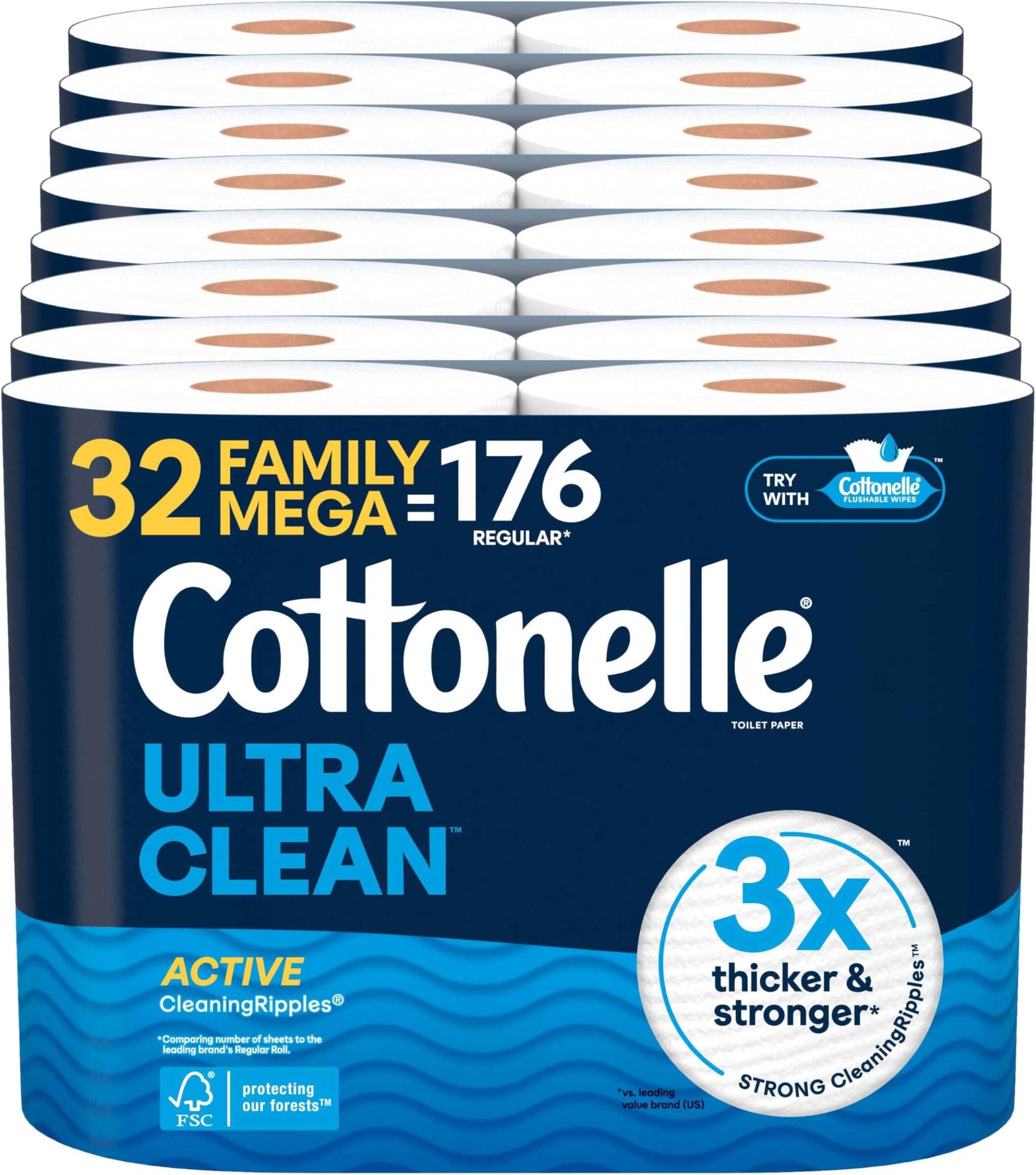 - Ultra Clean Toilet Paper with Active CleaningRipples Texture, Strong Bath Tissue, 32 Family Mega Rolls = 176 Regular Rolls (8 Packs of 4)