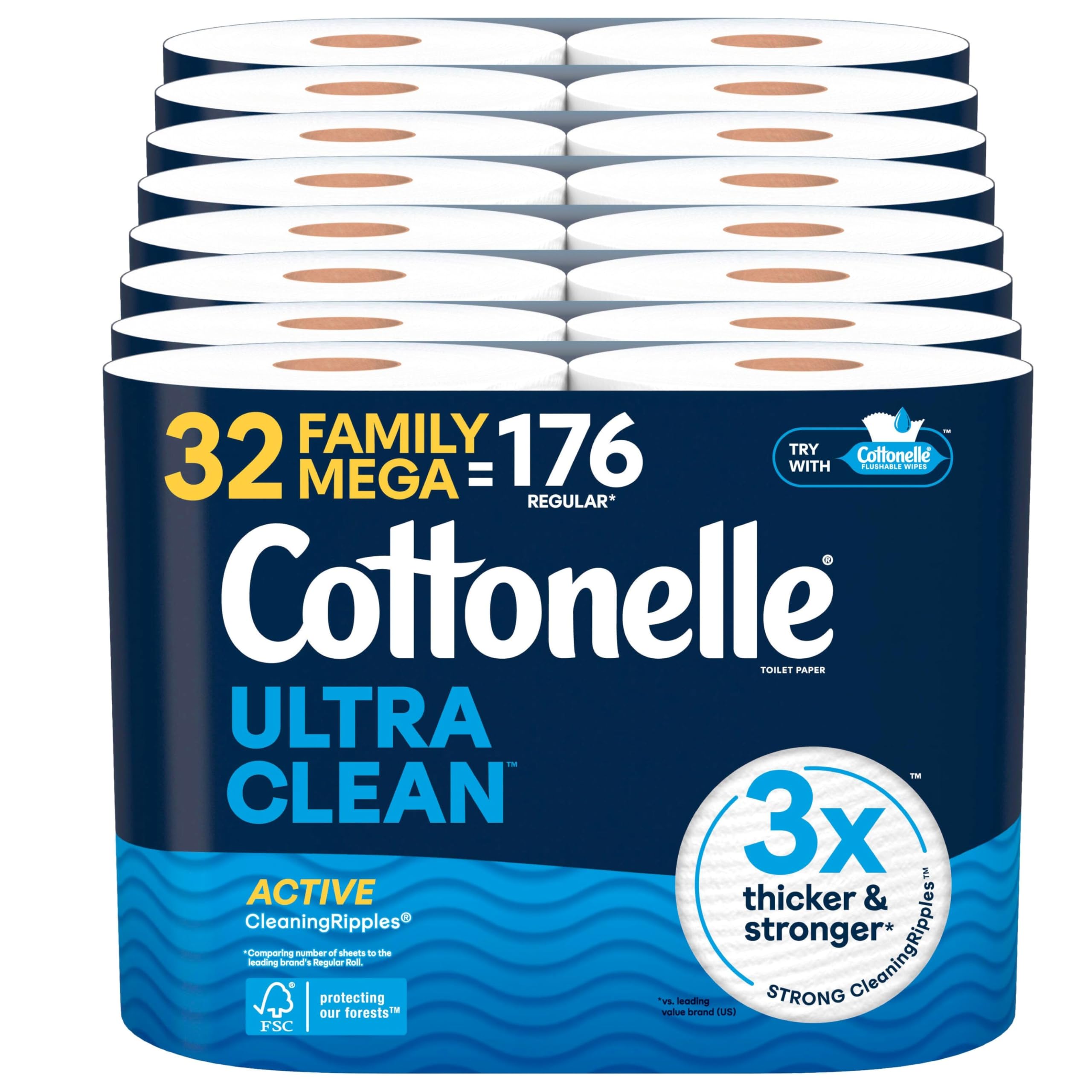 Ultra Clean Toilet Paper with Active CleaningRipples Texture, Strong Bath Tissue, 32 Family Mega Rolls = 176 Regular Rolls (8 Packs of 4)