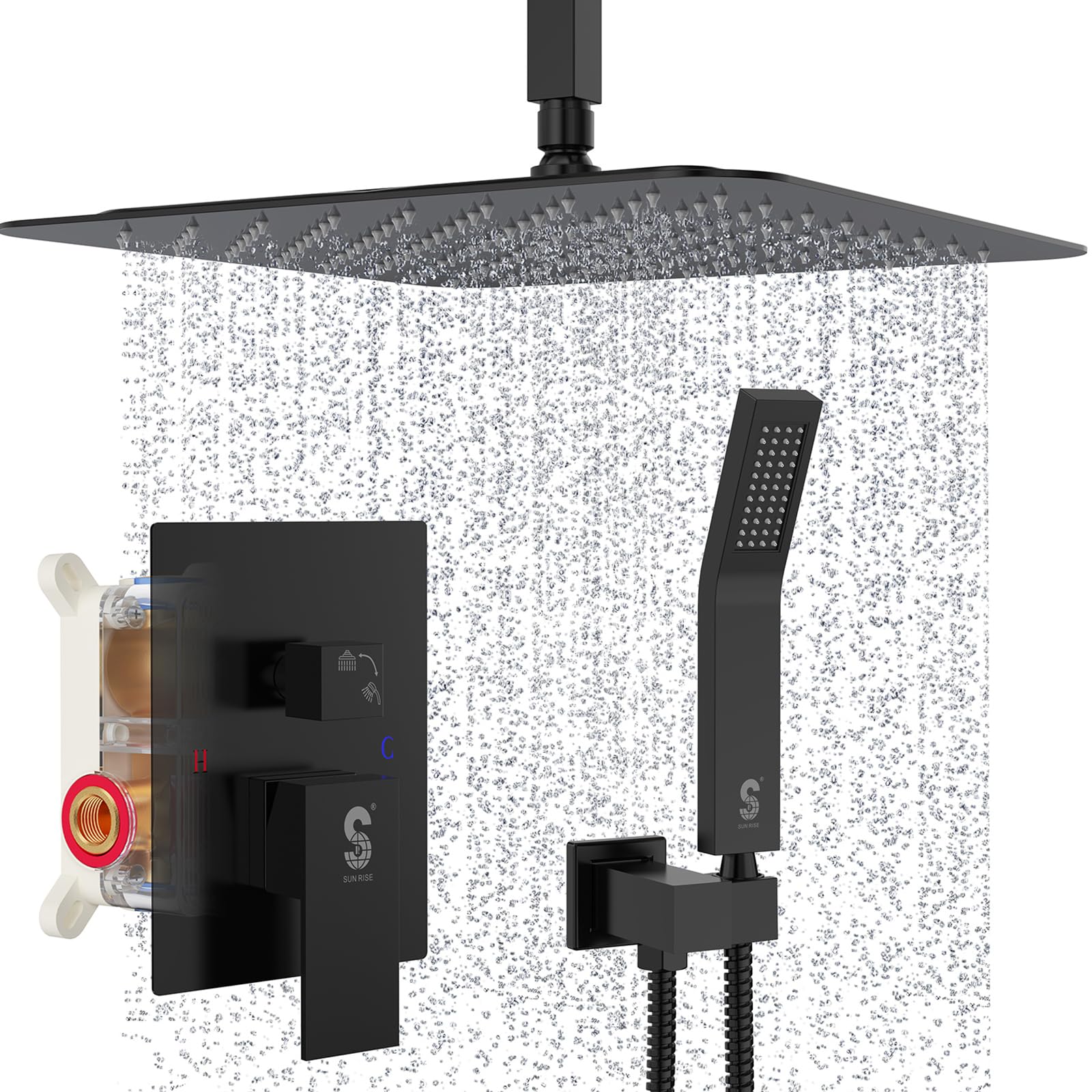 SR SUN RISE16 Inches Matte Black Shower Set System Bathroom Luxury Rain Mixer Shower Combo Set Ceiling Mounted Rainfall Shower Head Faucet (Contain Shower Faucet Rough-In Valve Body and Trim)