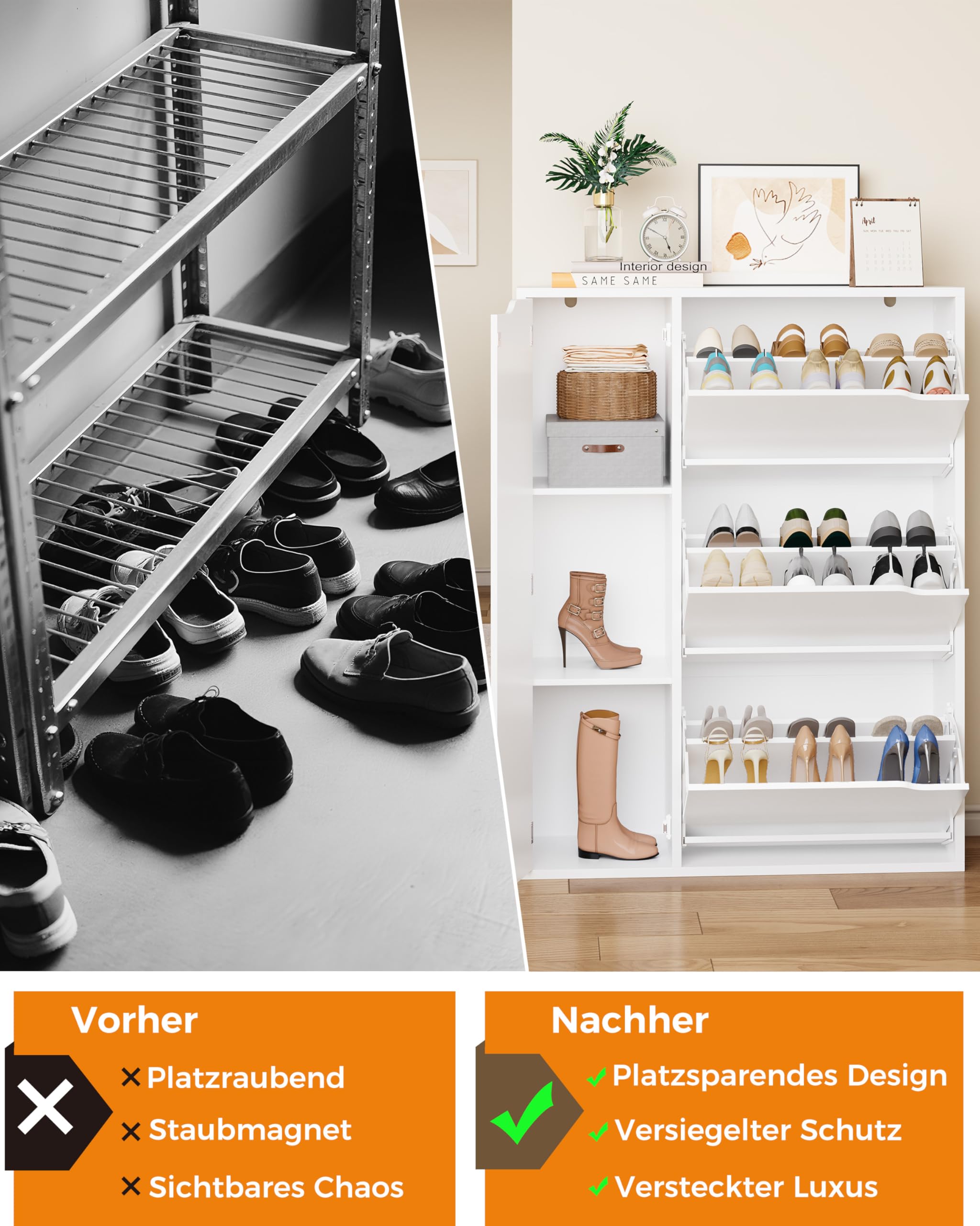 IRONCK Schuhschrank mit 3 Klappen, Schuhkipper Schmal mit Tür, Schuhregal Flur freistehend, Schuhkommode mit verstellbaren Trennwände, Schuhablage Schrank für Eingang Wohnzimmer, 77x30x112cm, Weiß