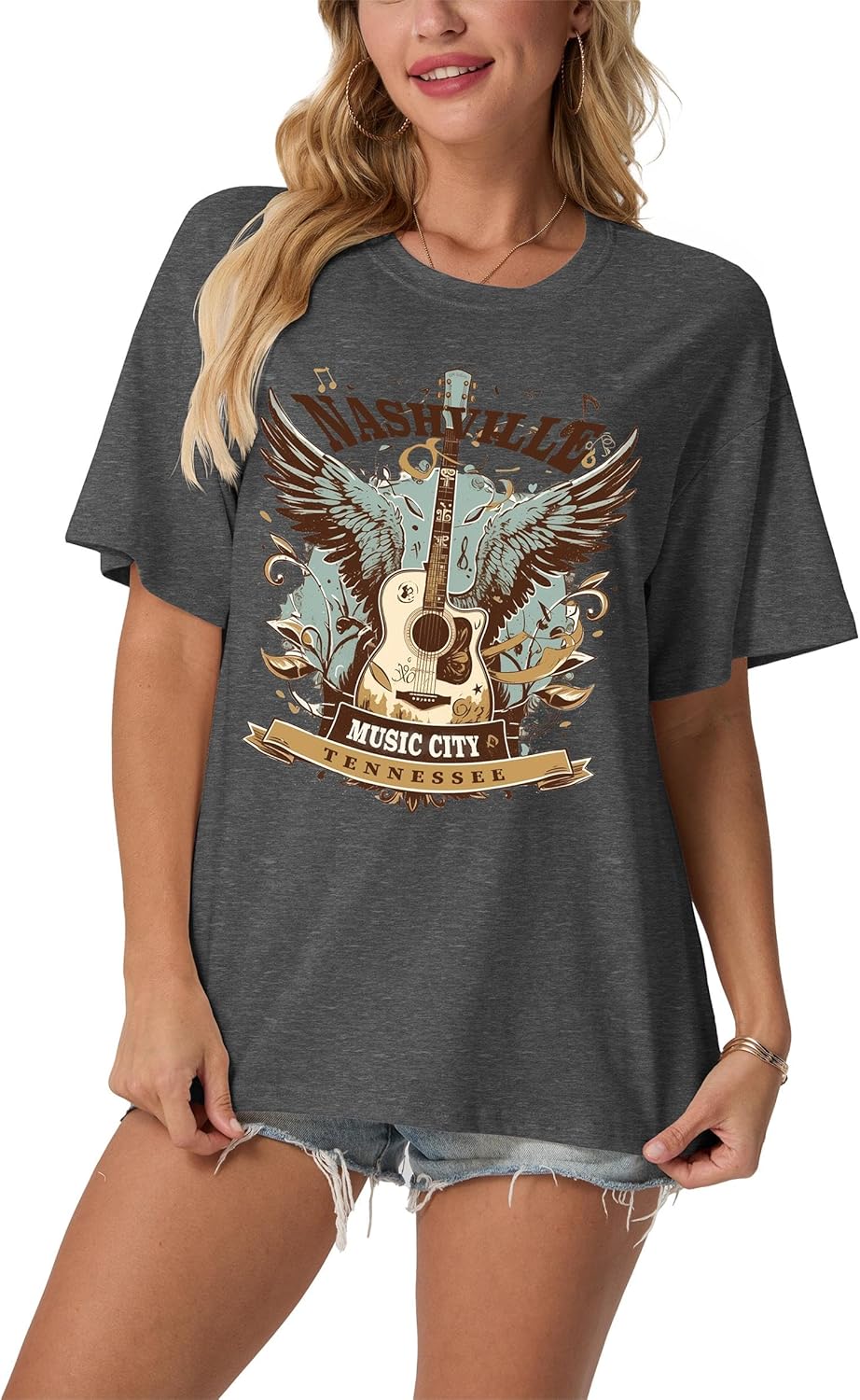 Women's Nashville Country Music City Oversized Graphic T-Shirts Casual Band Tees Short Sleeve Rock Roll Tops - Image 2