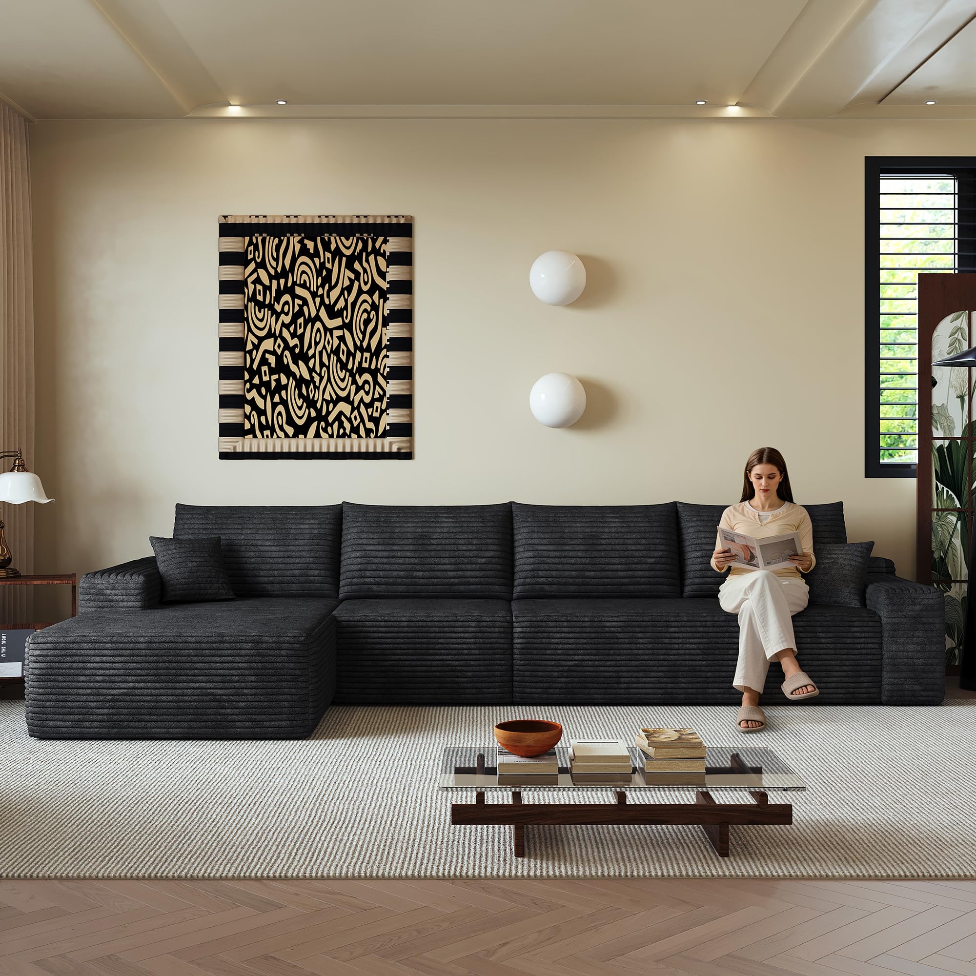 Canapé d'angle Convertible 4 Places 340cm Canapé Modulable - Sofa L Cloud en Velours Côtelé Compressé sous Vide - Grand Assise Profonde pour Salon, Chambre, Appartement - sans Outil