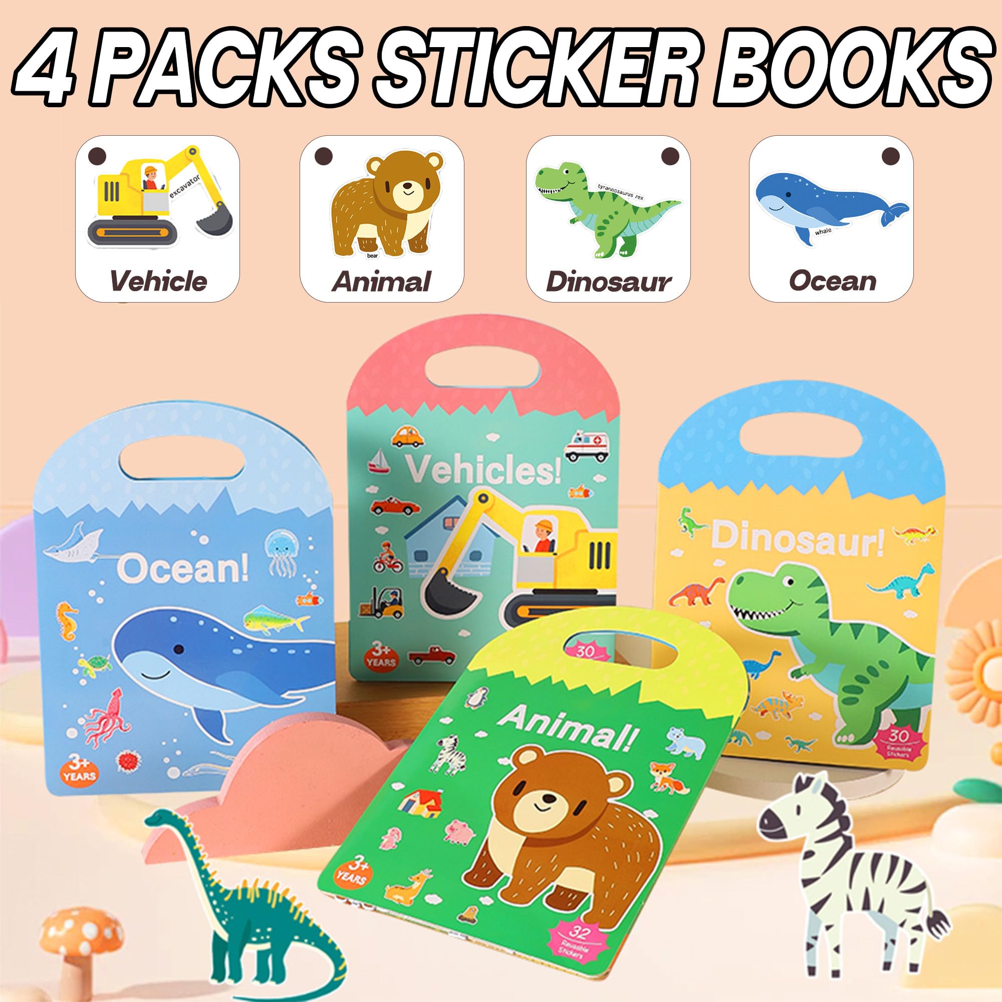 iGetooy 4 juegos de libros de calcomanías para niños pequeños a partir de 3 años, 122 calcomanías para niños, libro de calcomanías para niños, juguetes de viaje para niños pequeños, artículos
