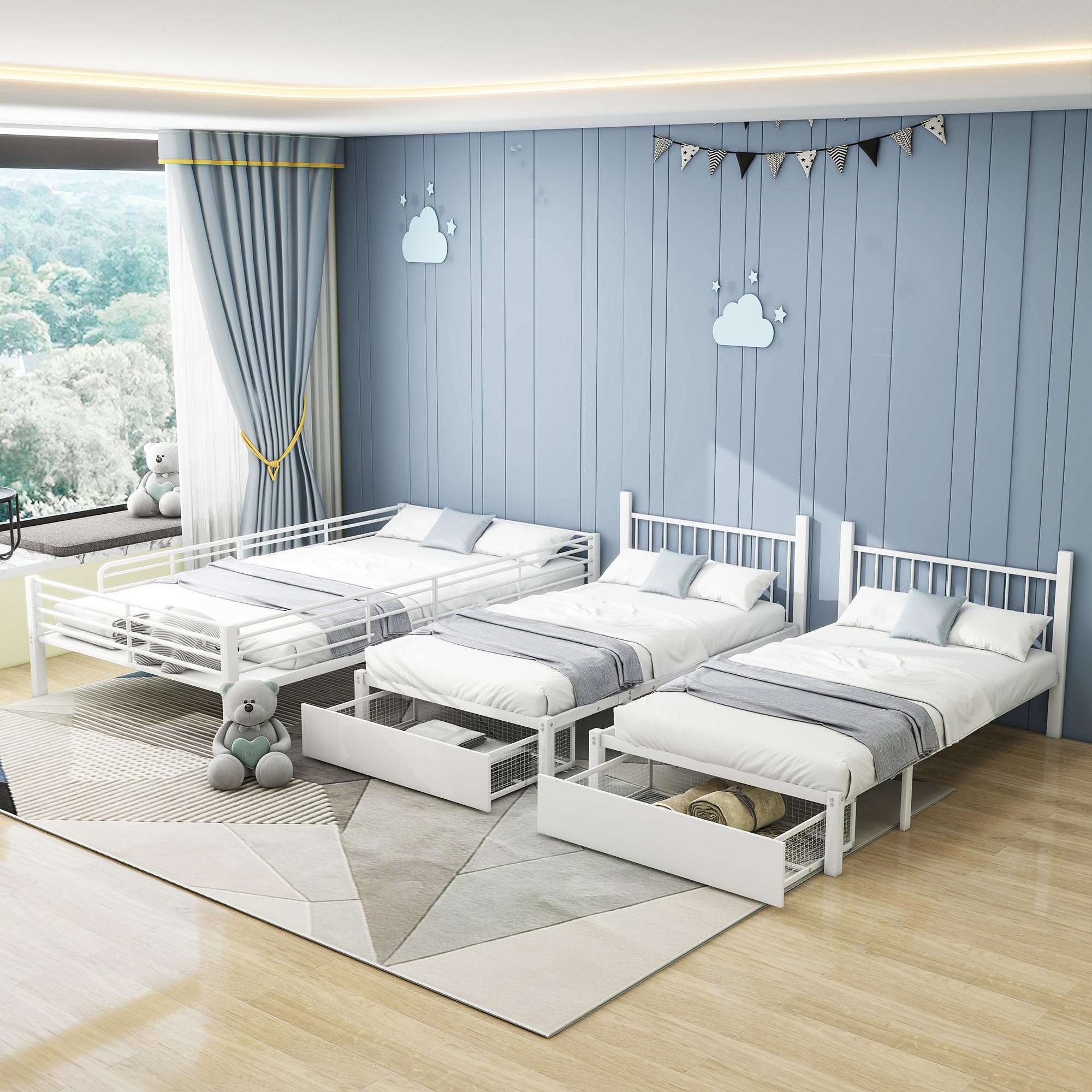 Moimhear Letto a castello triplo con cassetti, trasformabile in letto matrimoniale 140 x 200 e due letti singoli 90 x 200, letto multifunzionale con struttura in metallo (bianco)