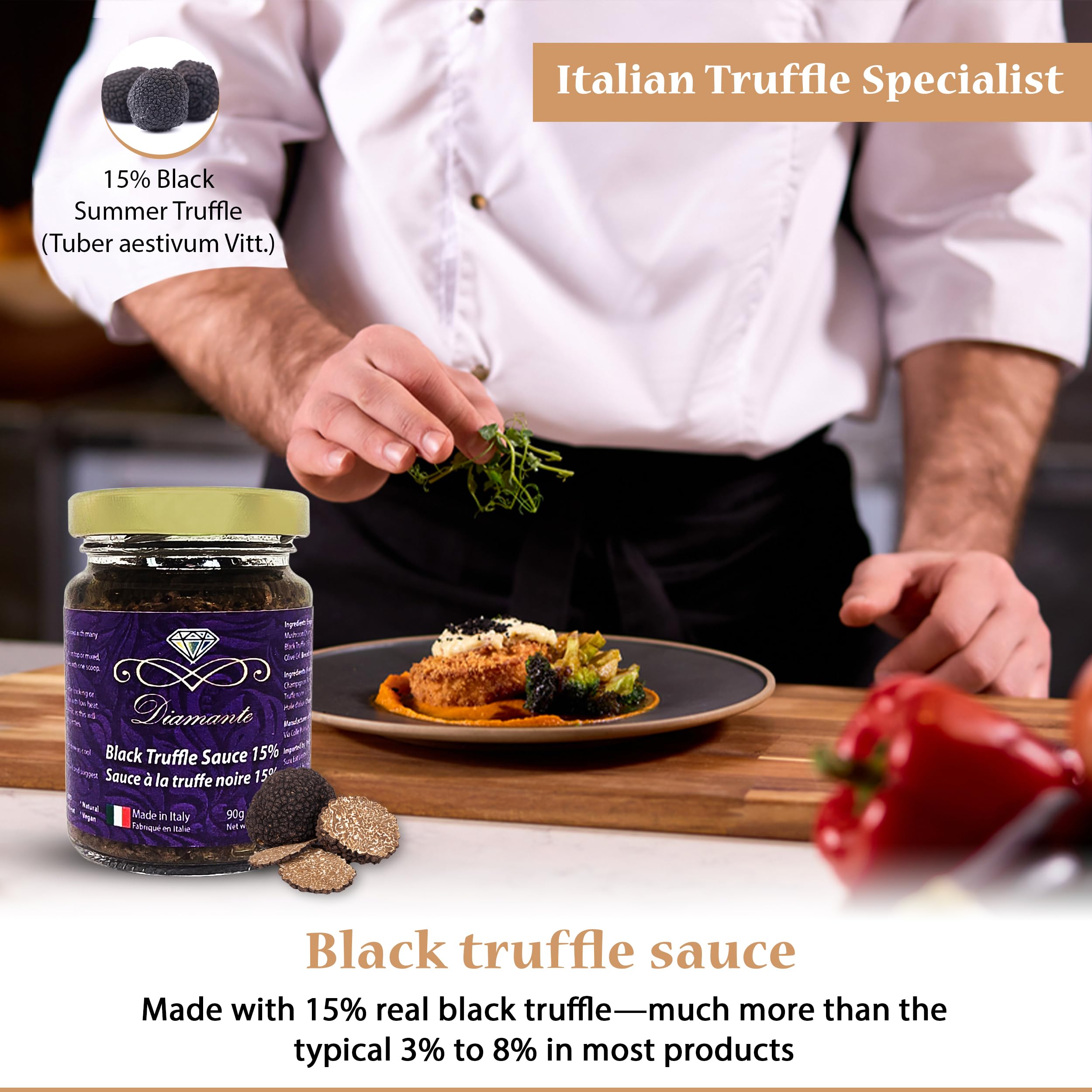 Diamante Italy Black Truffle Sauce with High 15% Black Truffle Content - Authentic Italian Gourmet Black Truffle & Mushroom Sauce - Non GMO, Vegan & Made in Italy - 90g