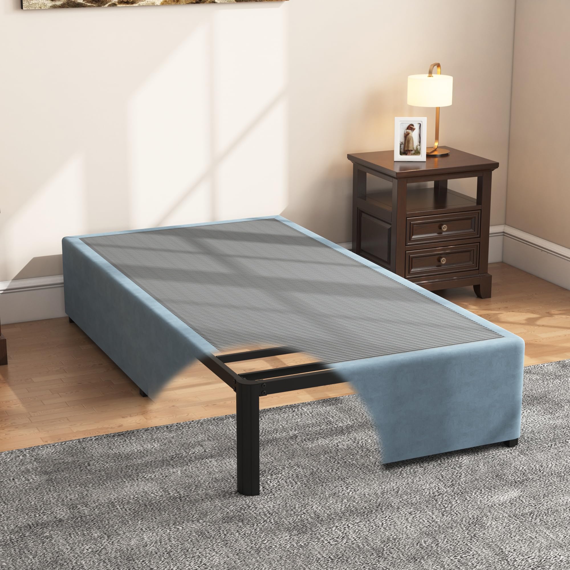 Seiugaga 16 Inch Twin Bed Frame with Fabric Cover - Needed Heavy Duty Metal Platform Bed Frames Twin Size Space Under Double Basic Steel Slats Platform