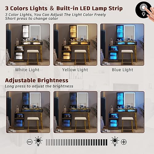 Miniatura 3 de FOMNEY Escritorio LED con espejo y luz, escritorio de maquillaje con estación de carga 3 en 1, juego de tocador con taburete tapizado, mesa de