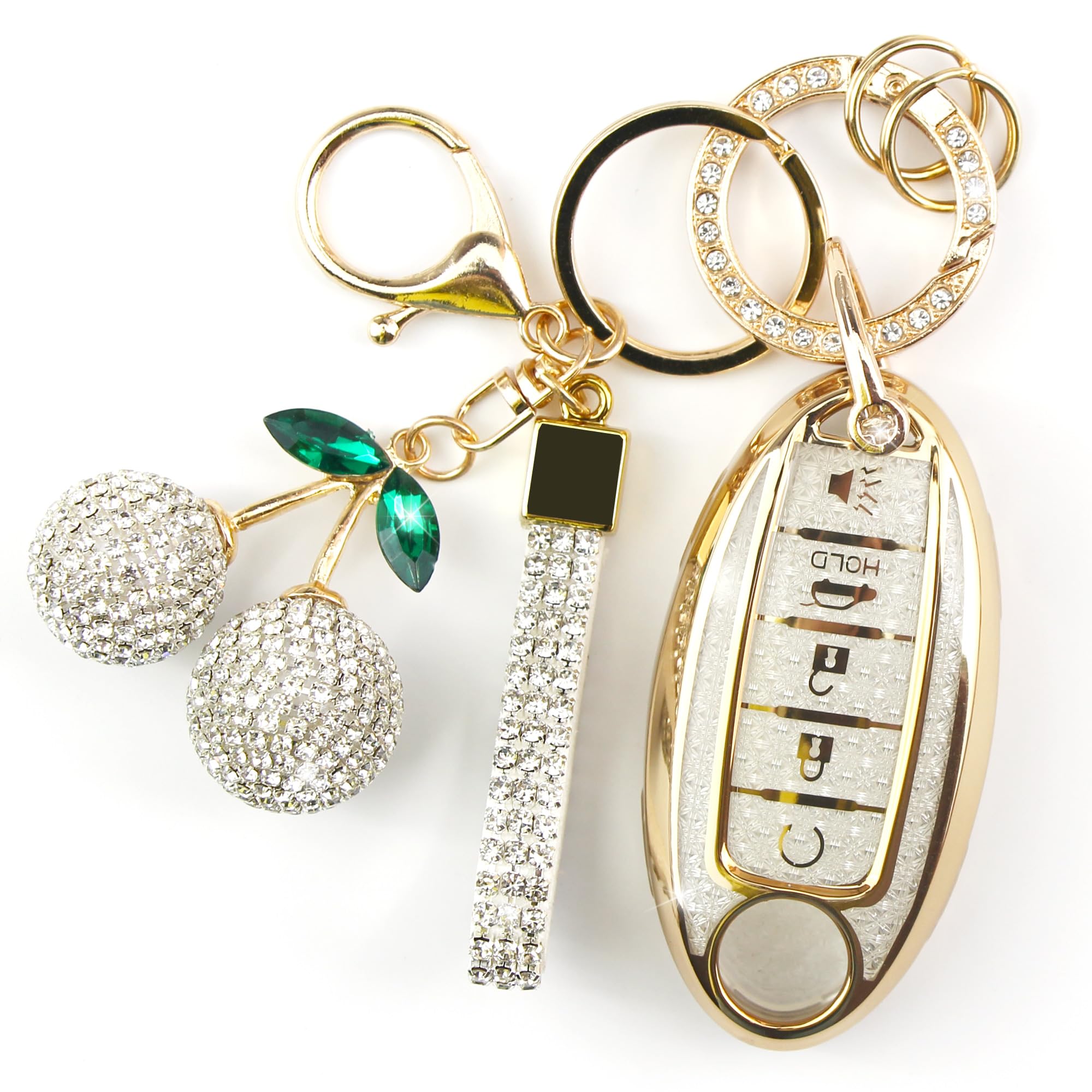 Sparkly Key Fob Cover with Cherry Keychain, Bling TPU Smart Key Case for Women, Compatible with Nissan Altima Armada Maxima Murano Pathfinder Rogue Sedan Sentra Versa (5-Button, Gold White)