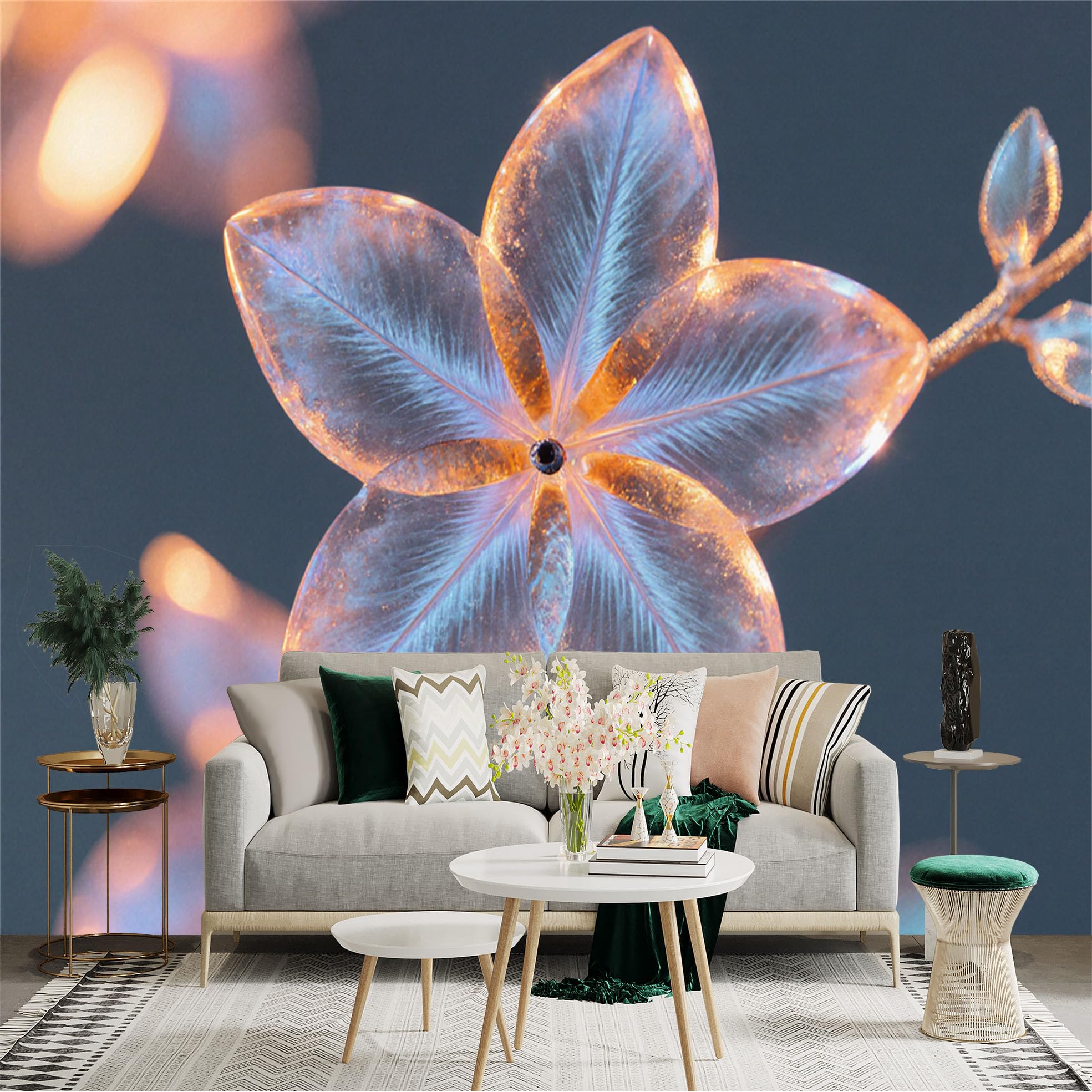 Custom Size Wall Sticker Mural， Translucent Glowing Flower Petals， Soft Golden Light， Elegant Botanical Art， Modern Floral Decor， for wall Decoration， peelandstick wall Decals.