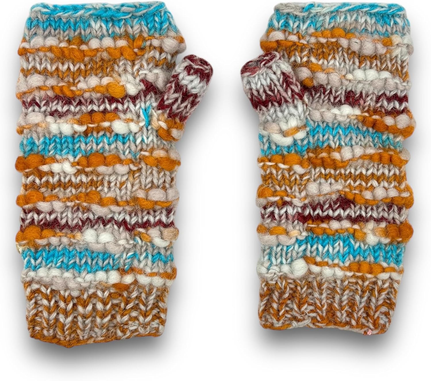 Hand Knit Winter Fingerless Striped Texting Gloves Warm Wool Fleece Lined - Image 4