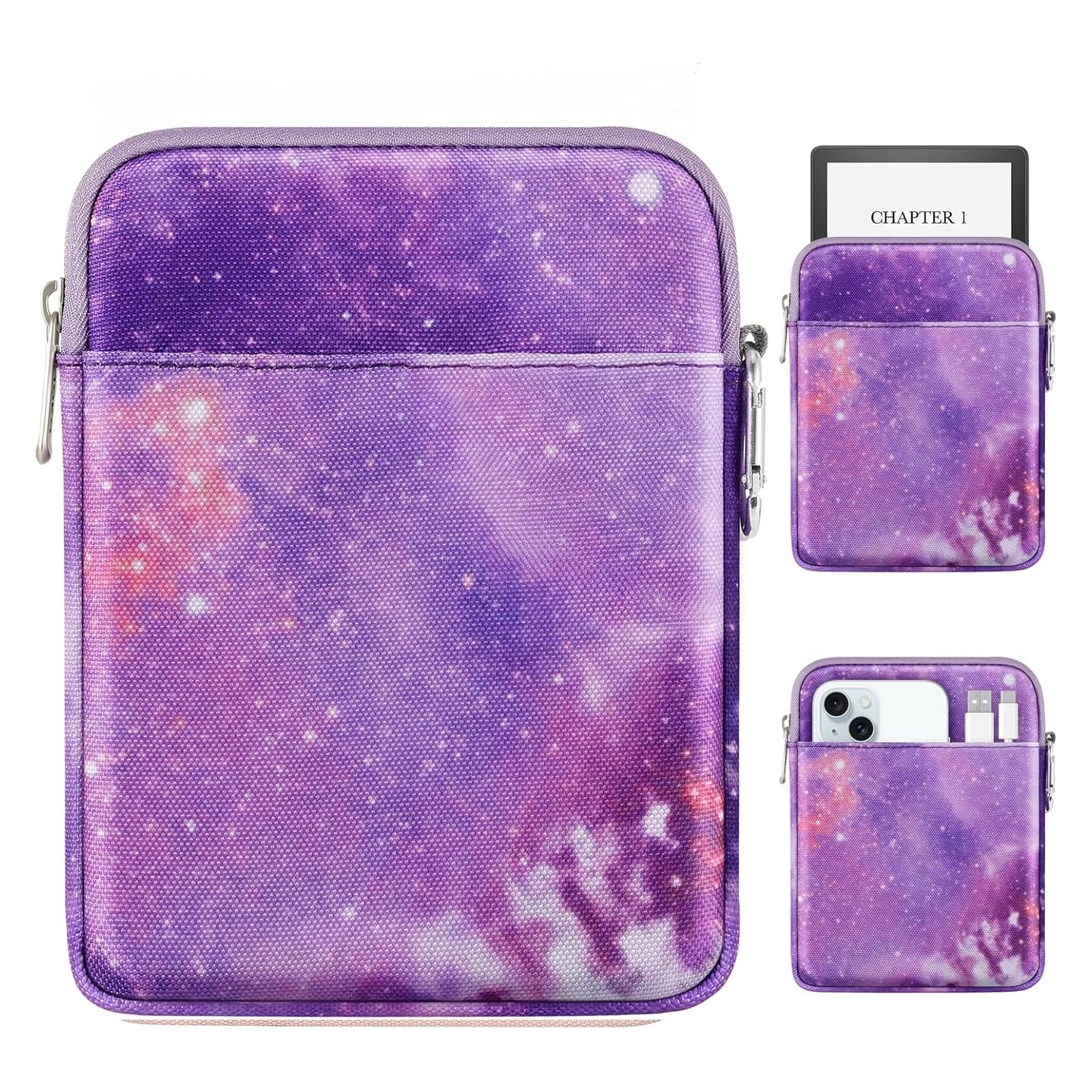 MoKo Padded Ereader Sleeve Case for 6-7 inch Ereader Tablet Bag Protective Cover Pouch with a Carabiner, Compatible with 7" Colorsoft Signature Edition 2024, Purple Starry Sky Purple Starry Sky 6-7