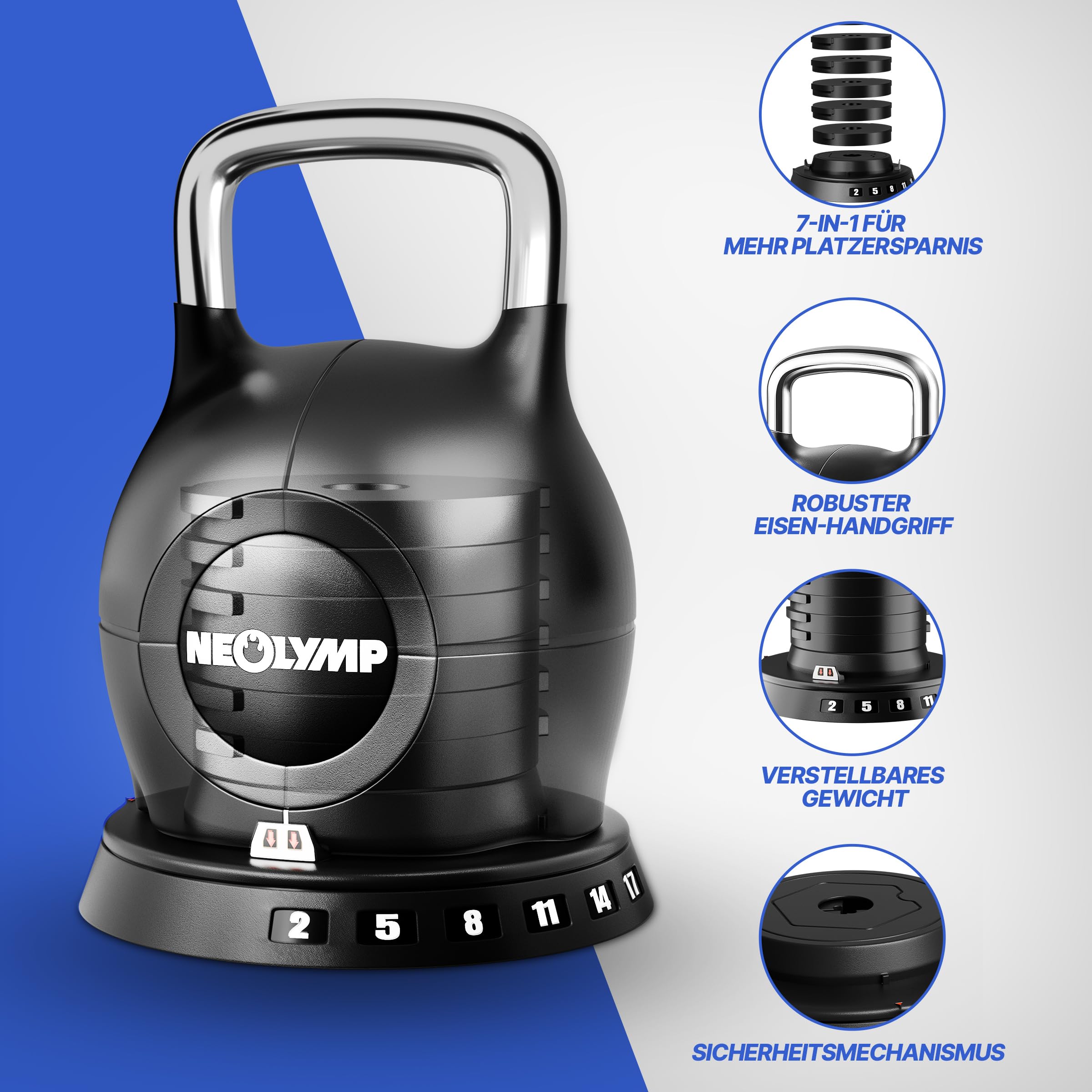 NEOLYMP Kettlebell Set 2-20 kg - 7-in-1 Kettlebell verstellbar für Ganzkörper-Workout Zuhause - Kugelhantel mit robustem Edelstahl-Handgriff für perfektes Schwungerlebnis