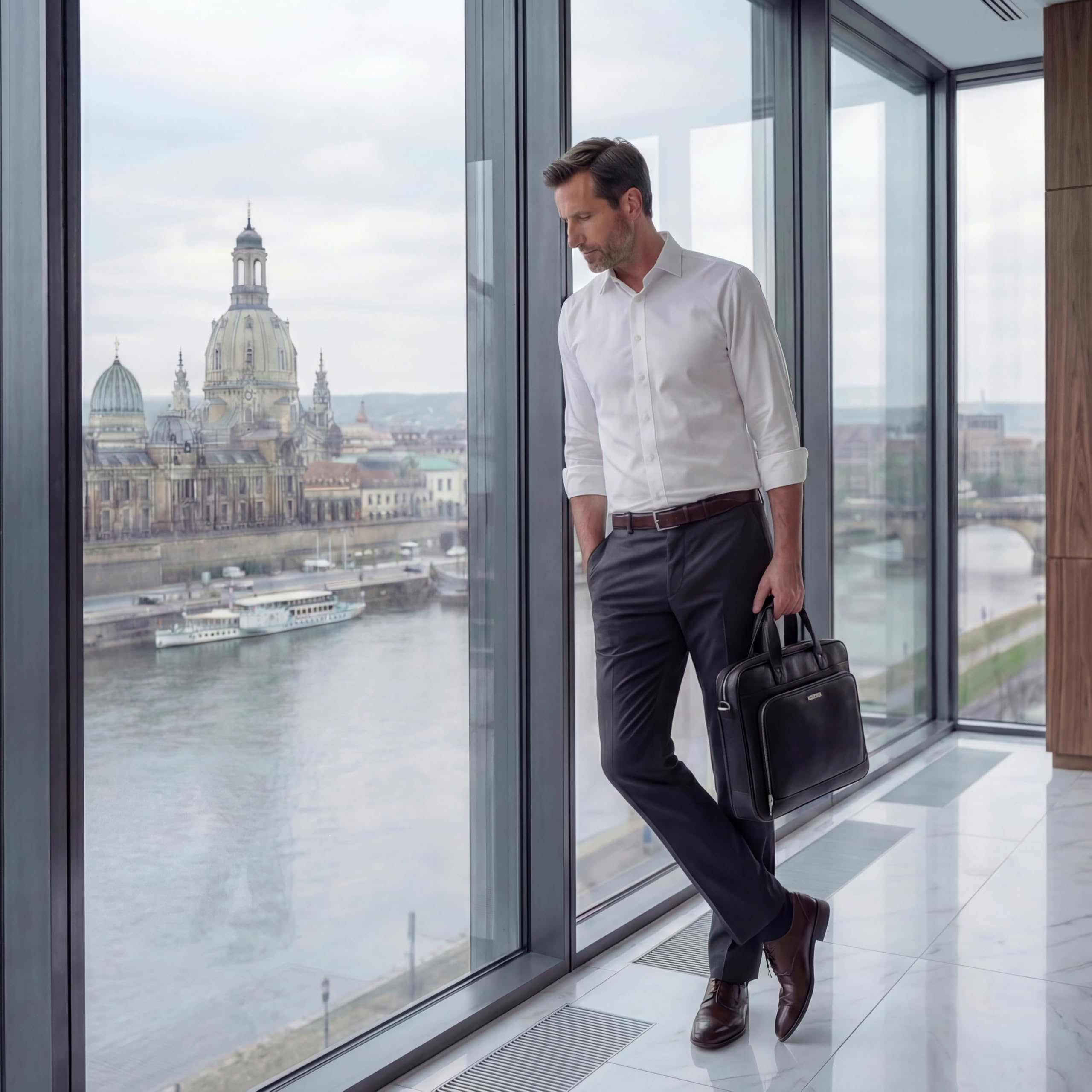 Hörner Bremen Businesstasche aus Echtleder – Schwarz | Laptoptasche 15,6 Zoll mit gepolstertem Laptopfach, 42×32×8 cm, abnehmbarer Schulterriemen, viele Fächer, Damen & Herren
