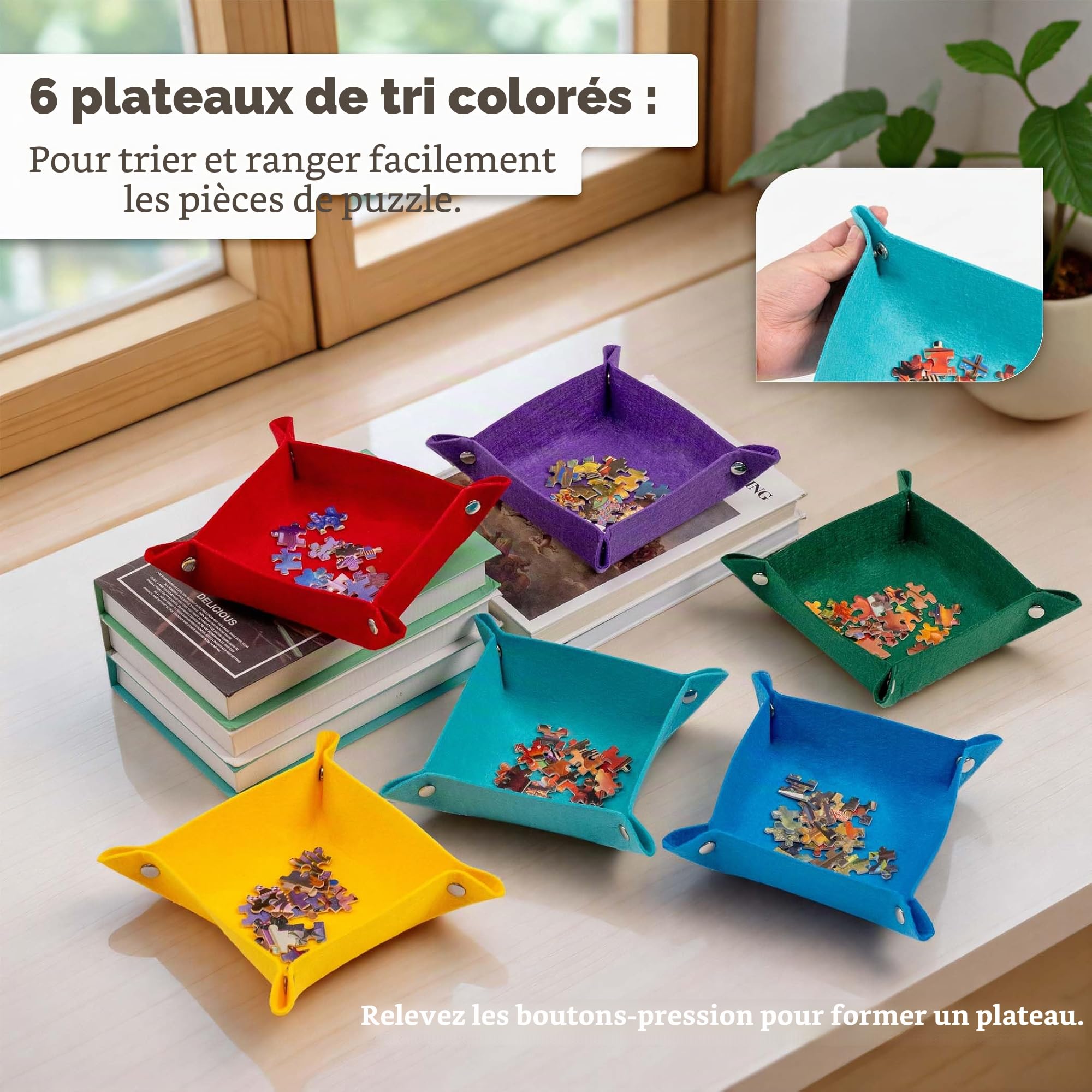 Lavievert Planche de puzzle inclinable de 1000 pièces, table de puzzle réglable avec housse en feutre, planche de rangement pour puzzle avec 6 plateaux de tri colorés