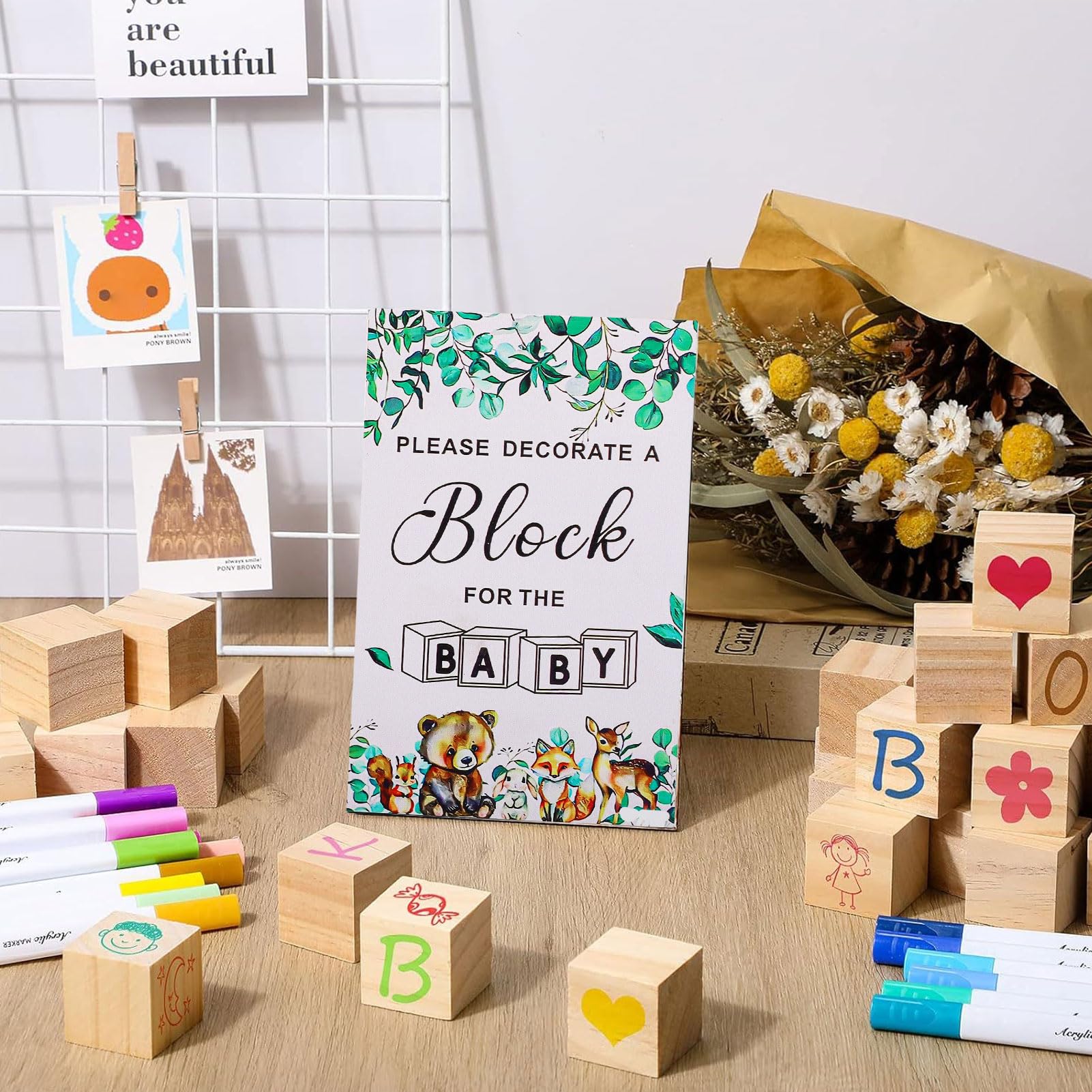 YWBL-WH Set di Giochi per Blocchi per Baby Shower, Kit di Pittura per Blocchi di Legno Vuoti, 48 Pennarelli, Modelli di Segni per la Decorazione, attività di Souvenir per Feste