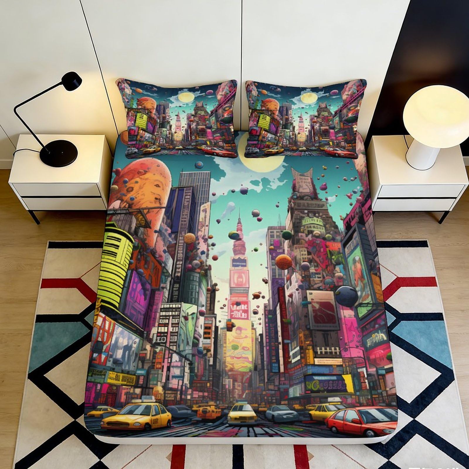 3D Printed Cityscape Times Square Fitted Sheet Microfiber Soft Decorative Skyline Bed Cover for Bedroom Guest Room 90x200x25cm