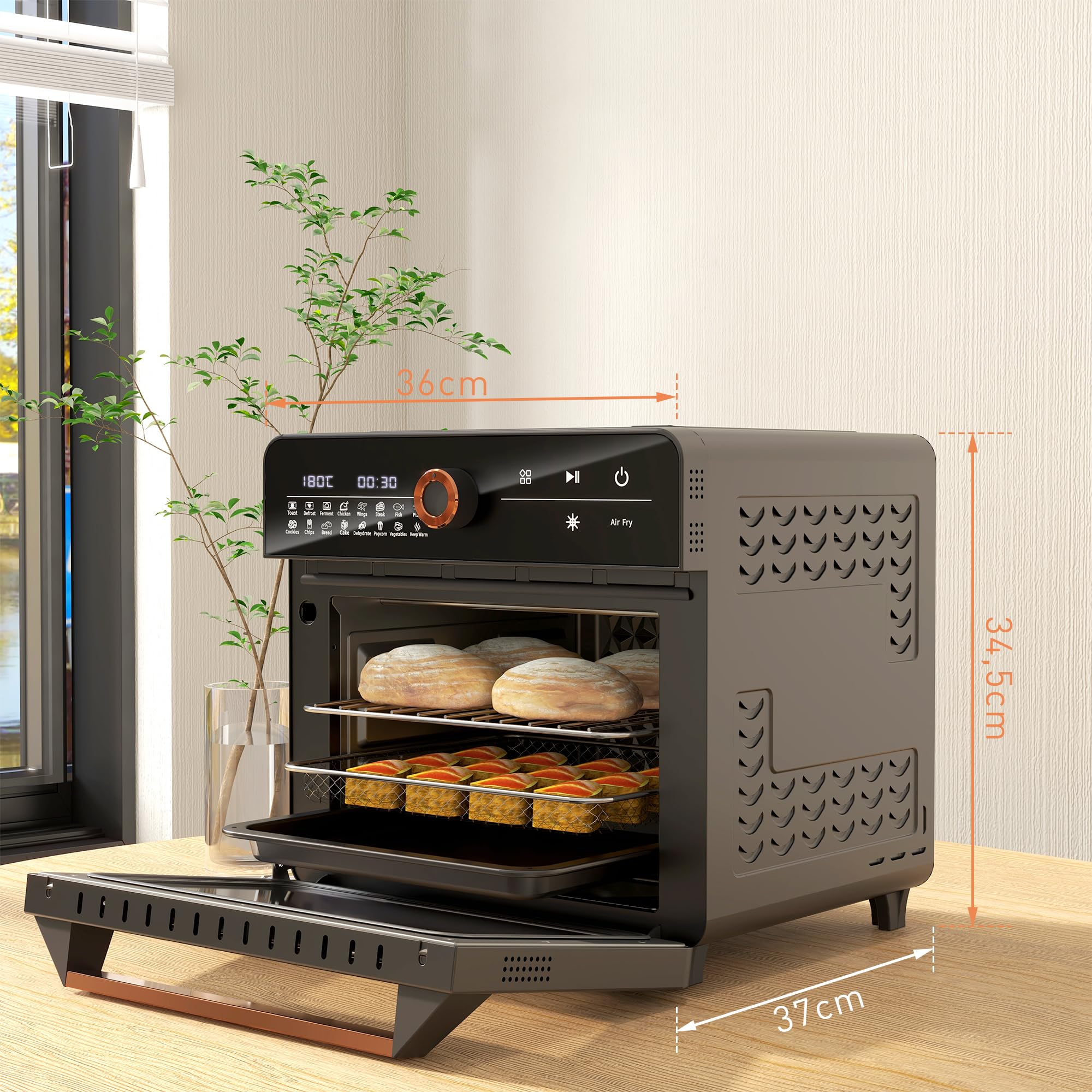 HOMCOM Mini forno a convezione 20L 3 in 1 Mini forno con griglia, teglia e vassoio per le briciole, friggitrice ad aria calda 40 °C-220 °C con cestello per frittura, timer, luce interna, 1400W,