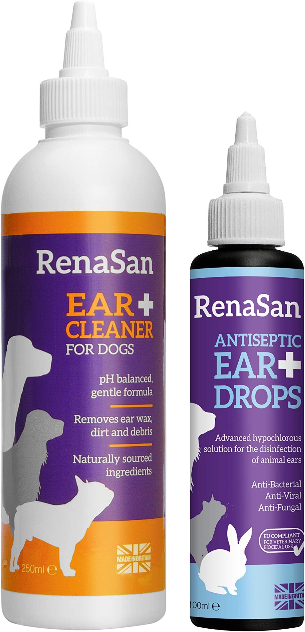 Ear Cleaner & Disinfectant Kit for Dogs - Antiseptic Dog Ear Drops 100ml and Ear Cleaner For Dogs 250ml - Disinfectant Ear Cleaner Solution for Infections, Itchy Ears and Wax Build Up