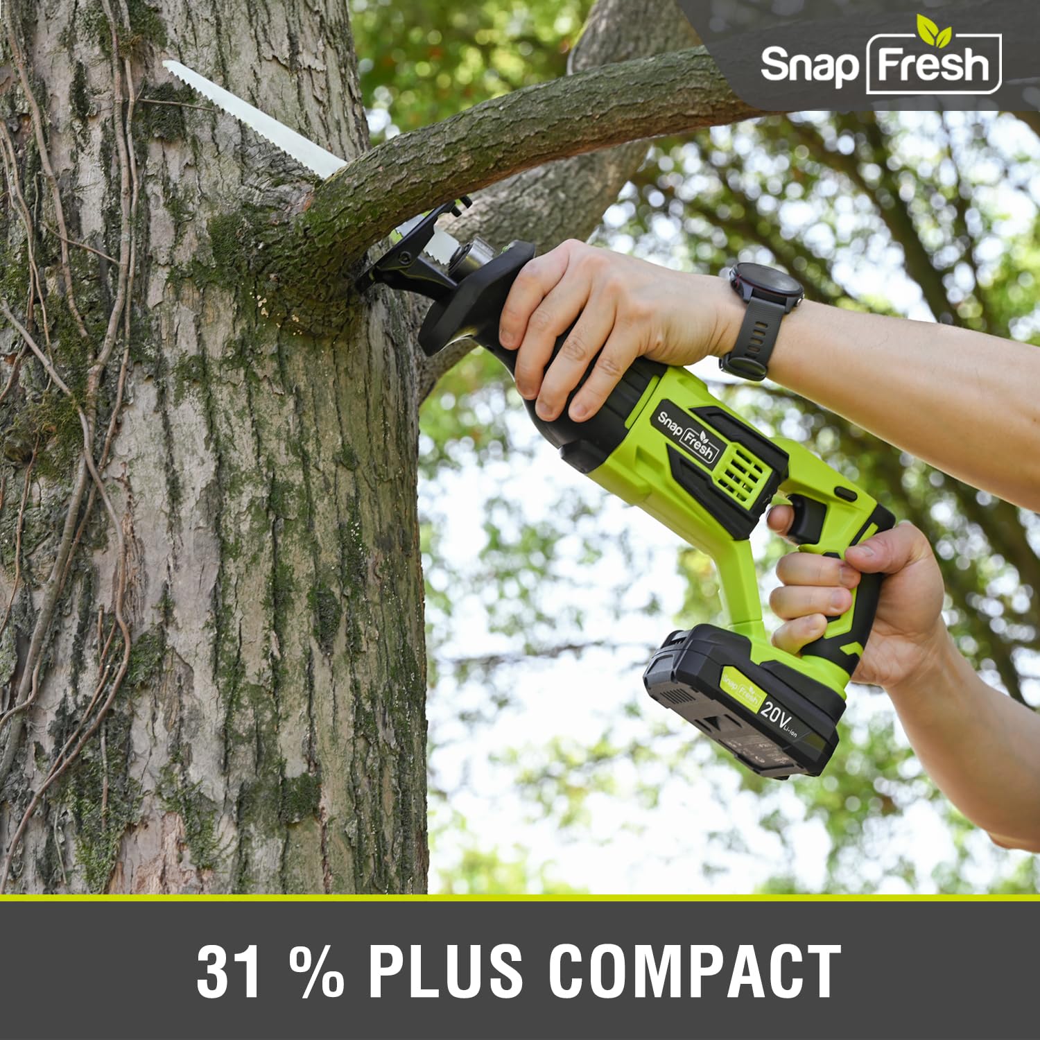 SnapFresh Scie Sabre Sans Fil 20V – Légère 1,55kg – 3000 SPM, Course 25 mm, Changement de Lame Sans Outil – Idéale pour la Rénovation, Démolition & Bricolage – Coupe Bois, Métal & PVC – Batterie 2,0Ah