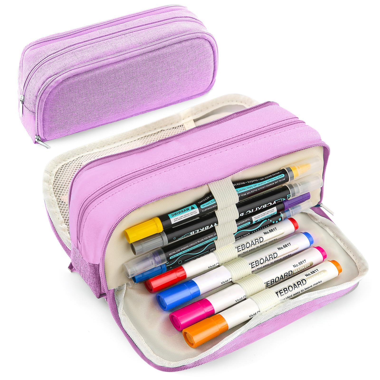 Large Capacity Pencil Case Pencil Pouch Pen Bag with 3 Compartment Stationery Organizer with Zipper, School Supplies Organizer for Teen Adults (Purple)