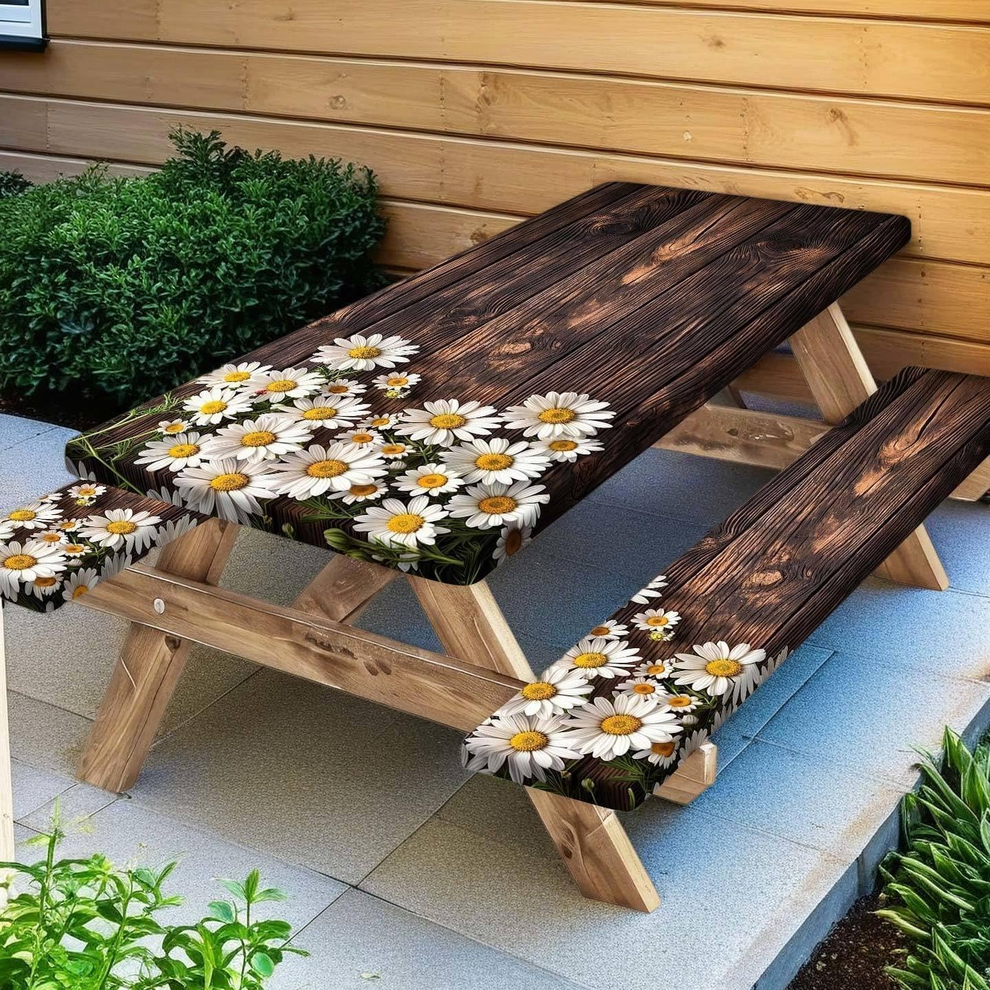 Picnic Table Cover with Bench Covers and Bag, American Flag Sunflower Summer Camping Essentials Outdoor Table Covers with Elastic Picnic Waterproof Fitted Tablecloth for RV Picnic Travel 3pcs 96inch