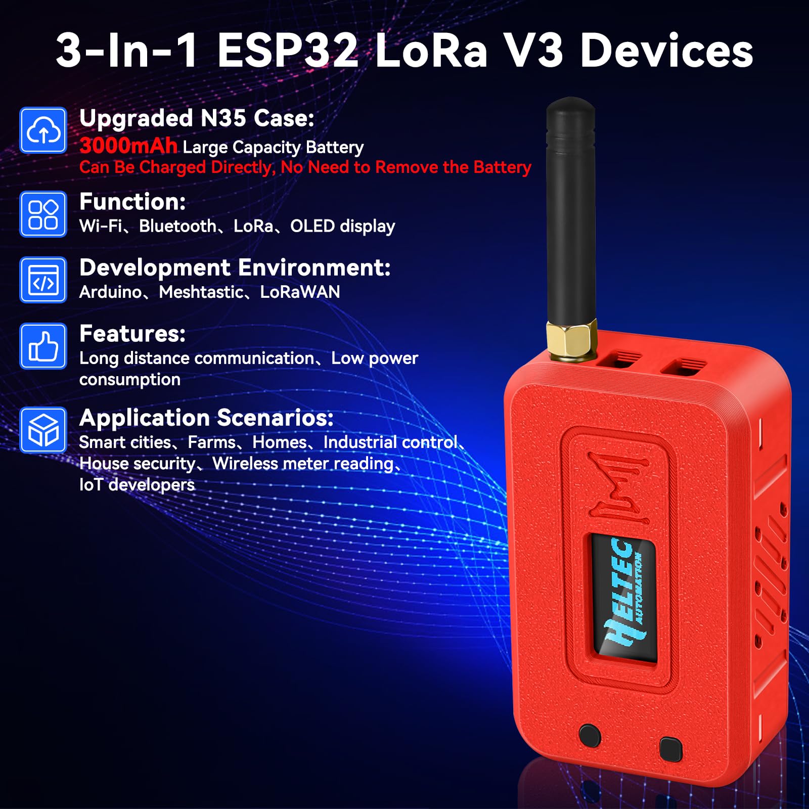 1 set di scheda modulo ESP32 Lora V3 con antenna da 915 MHz + batteria da 3000 mAh + custodia protettiva - WiFi Bluetooth SX1262 CP2102 0,96 pollici OLED tipo C per Arduino Lora Meshtastic IOT (N35