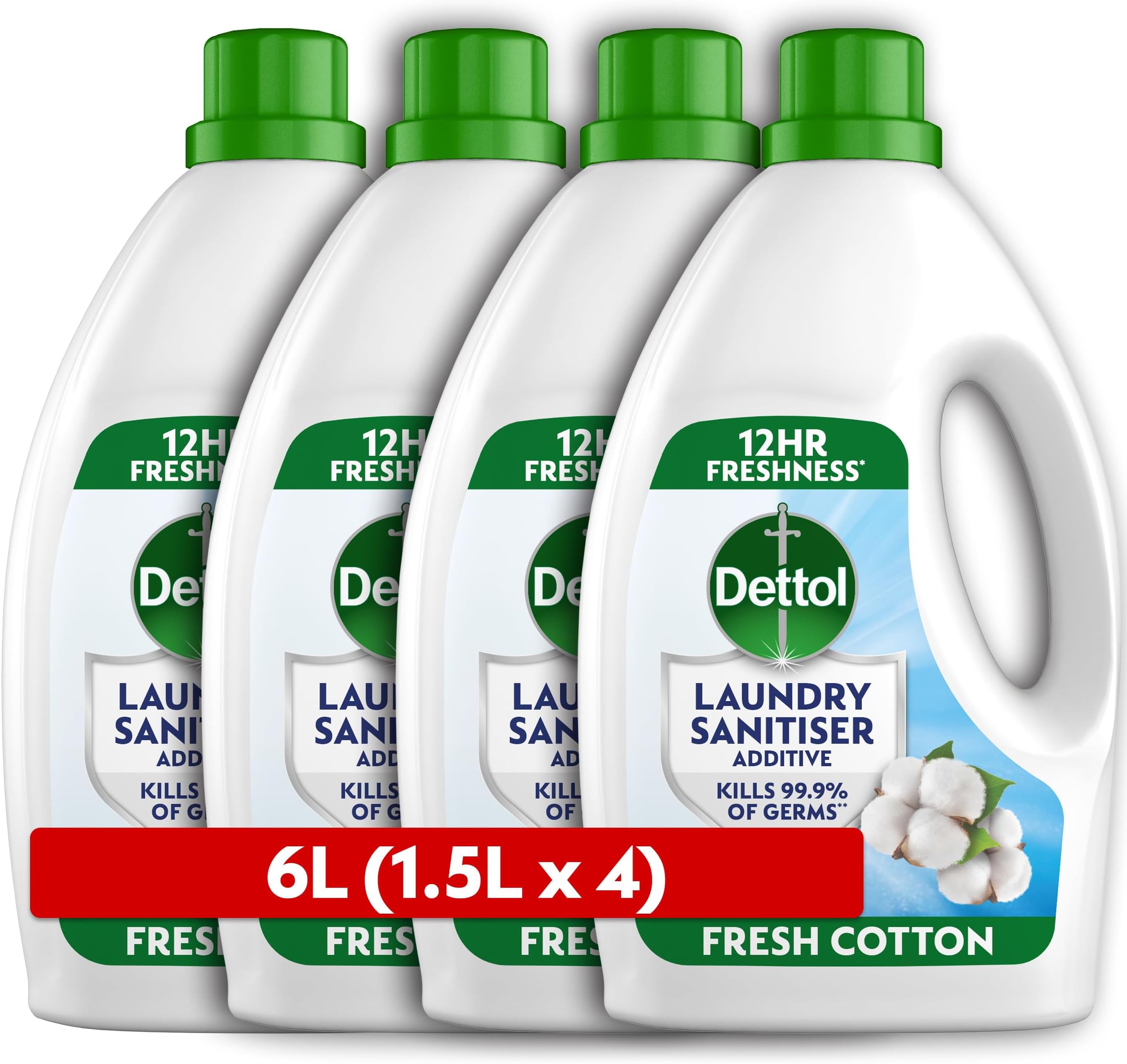 Dettol Laundry Sanitiser, Antibacterial, Fresh Cotton, 6L (1.5L x 4pck) 12hr Freshness, Hygienically Clean, Removes Odour, Kills 99.9 Percent of Bacteria
