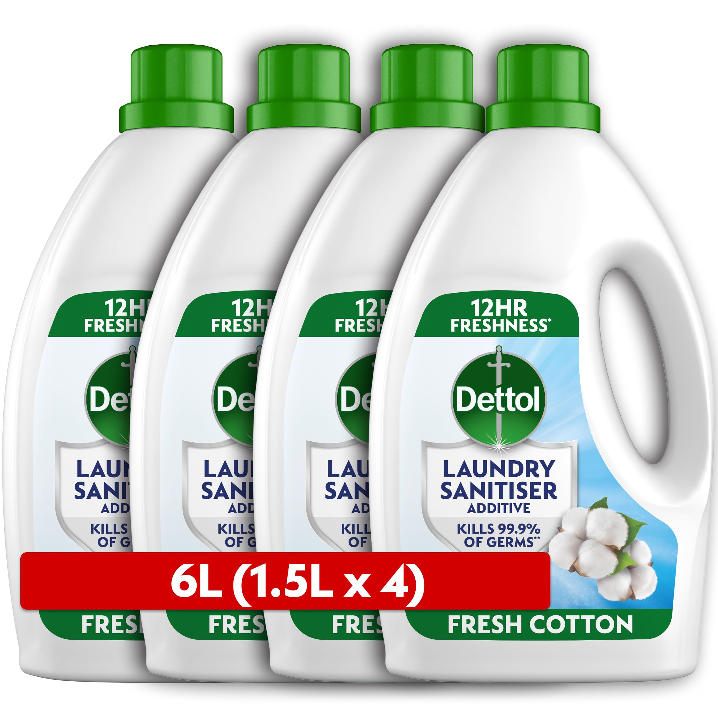 Laundry Sanitiser, Antibacterial, Fresh Cotton, 6L (1.5L x 4pck) 12hr Freshness, Removes Odour, Prevents colour fading, Kills 99.9 Percent of Bacteria and Viruses, Hygienically Clean Laundry