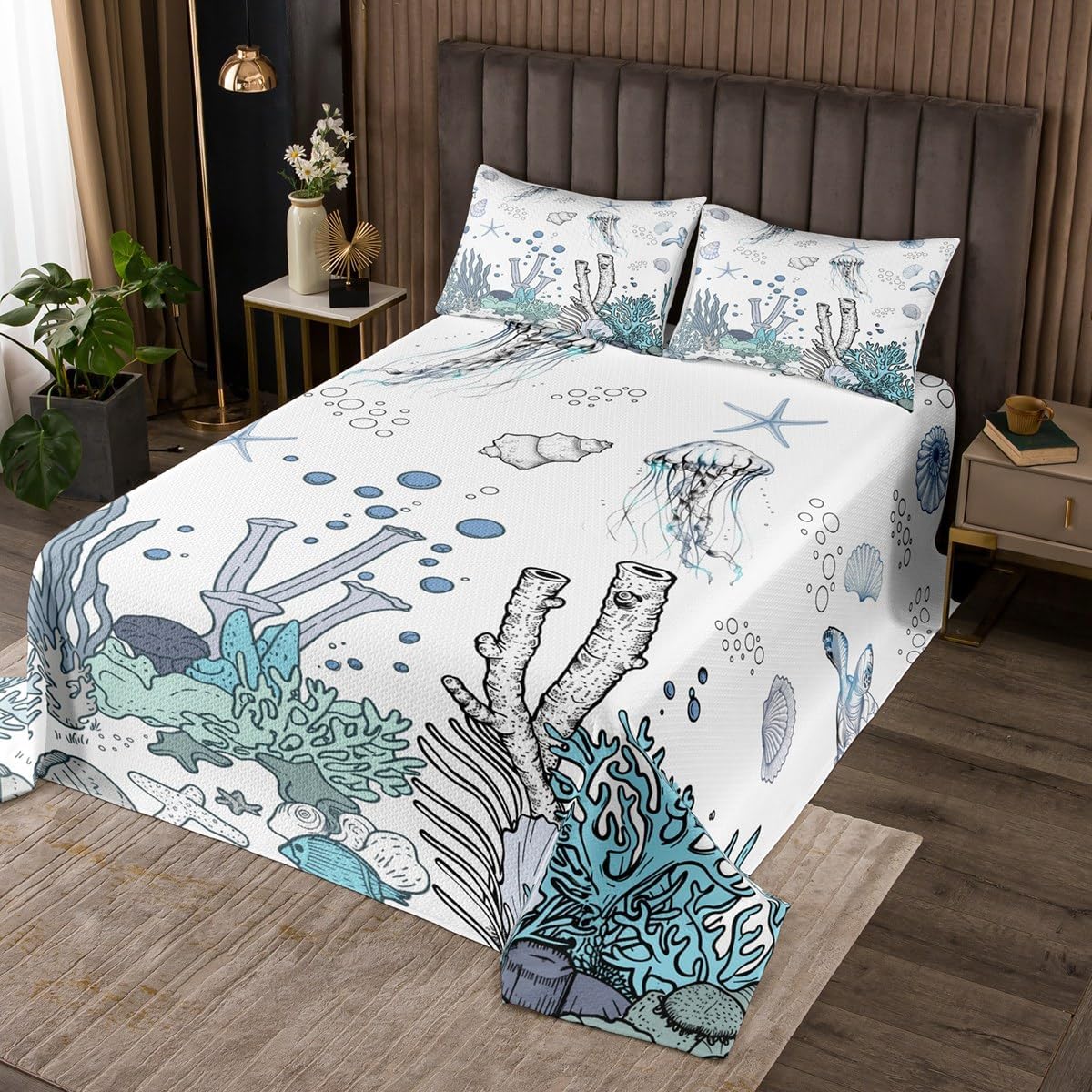 Erosebridal Octopus Bedspread Set King Cartoon Ocean Life Coverlet Set for Kids Adult Hand Drawn Style Bedding Set Sea Shell Coastal Bed Set with 2 Pillow Cases