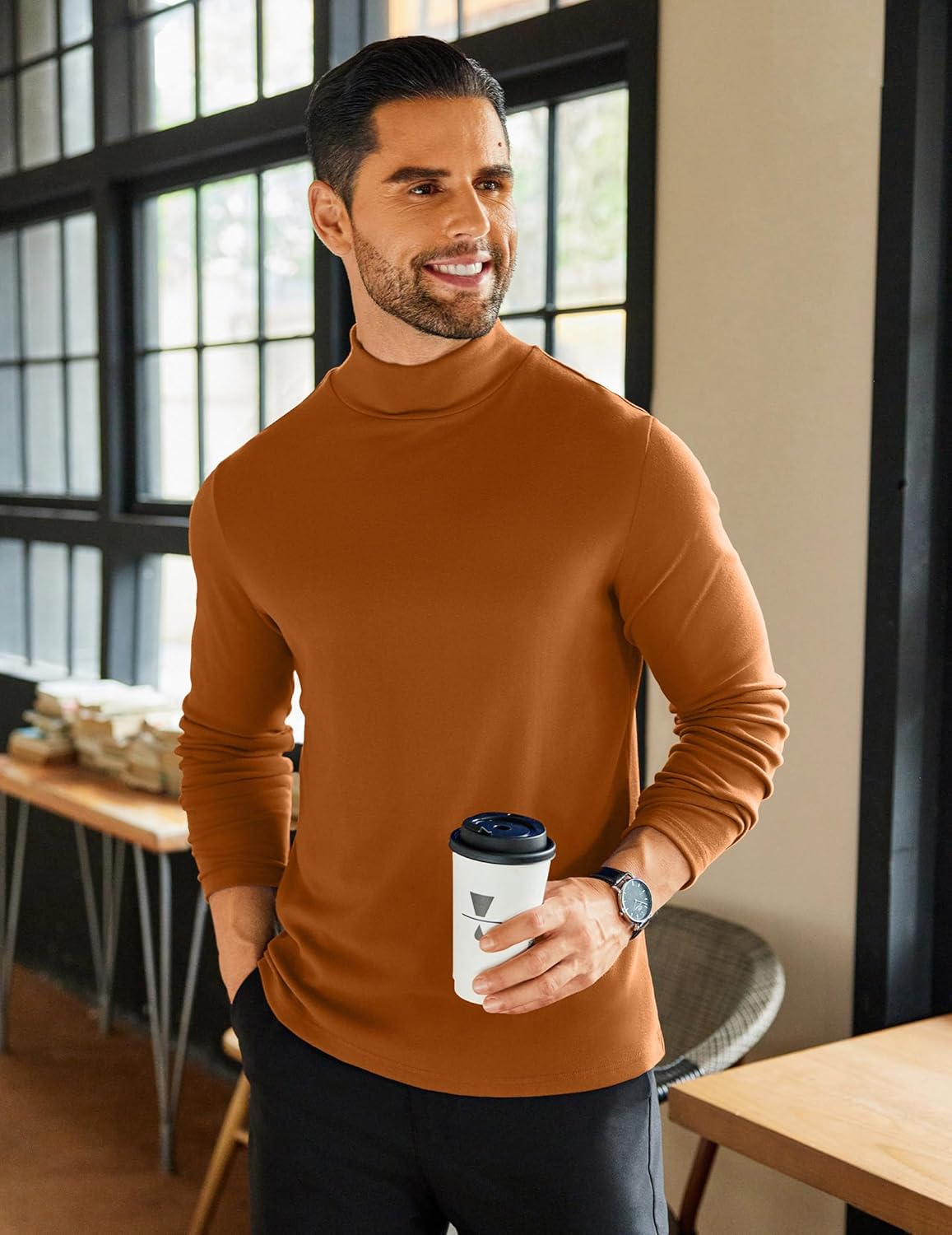 COOFANDY Mens Mock Neck Shirts Fleece Long Sleeve Tops Basic Pullover T-Shirts - Image 3