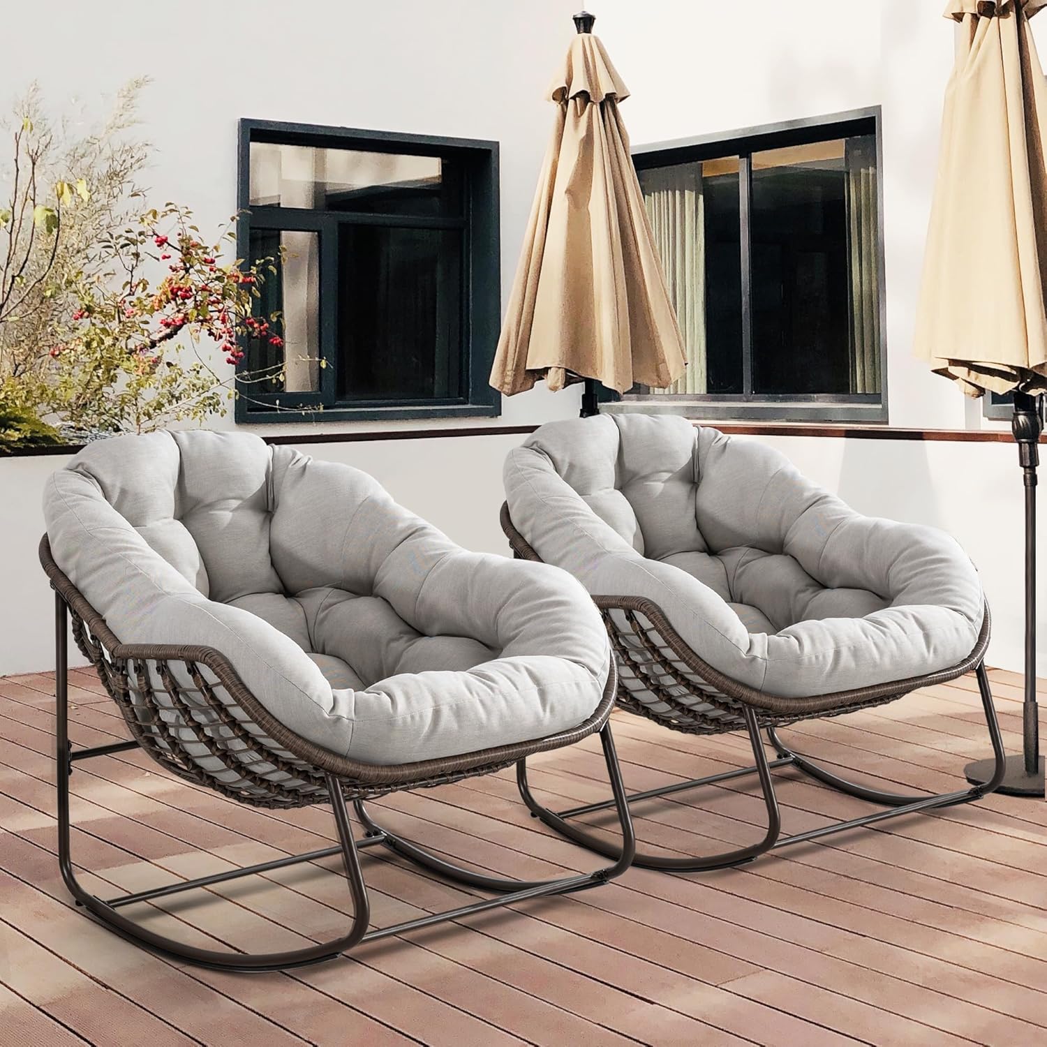 HOMEFUN Outdoor Patio Rocking Chairs Set of 2, Oversized Papasan Rock Chair Indoor with Padded Cushion - Rocker Egg Seat for Front Porch, Garden, Backyard Beige