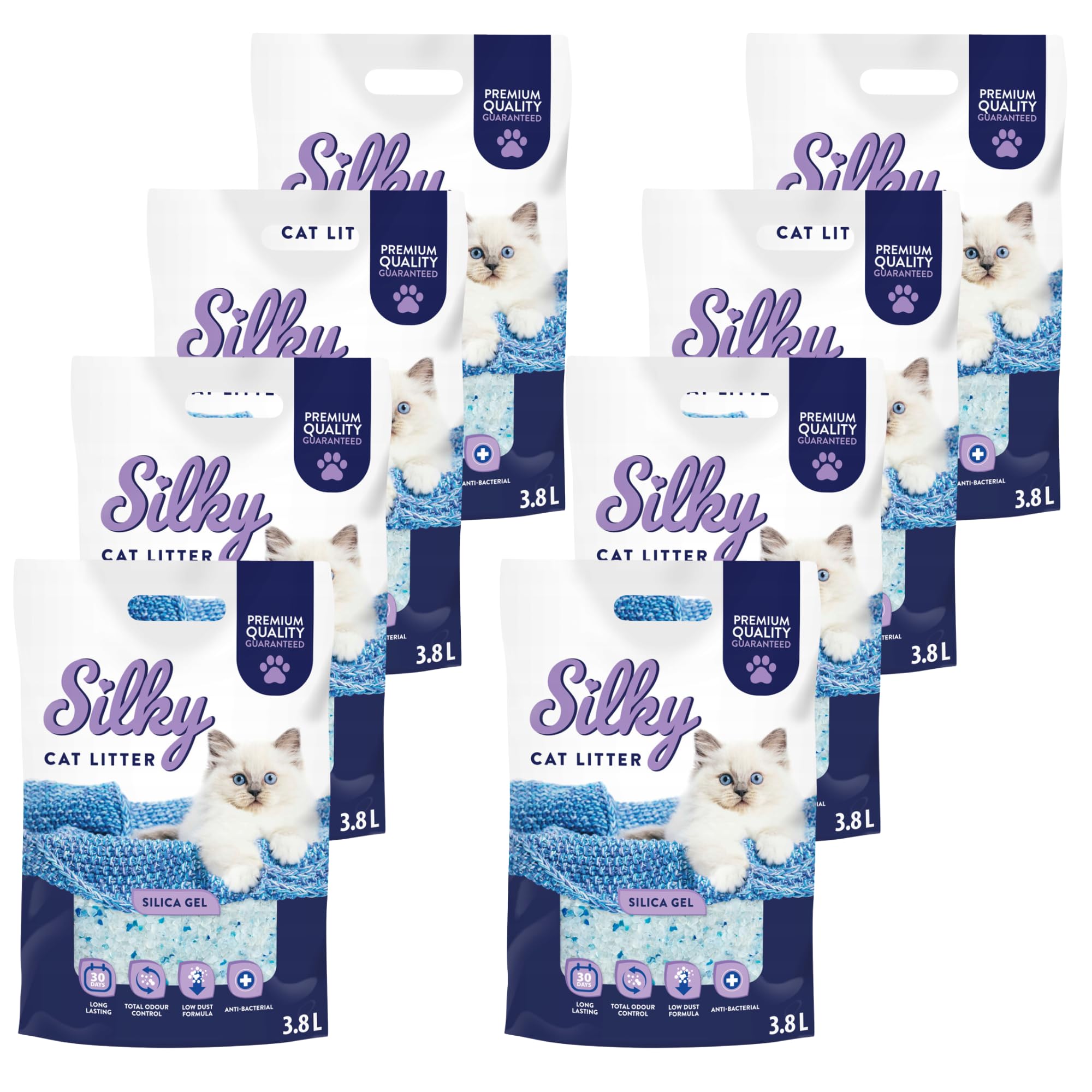 Silikat-Katzenstreu | 30,4L Satz | Hervorragende Geruchskontrolle, Staubfrei, Bakterienhemmend, Weich an den Pfoten, Extrem Saugfähig, Lang Anhaltende Frische, Silica | Silky Silikatstreu - 8er-Pack
