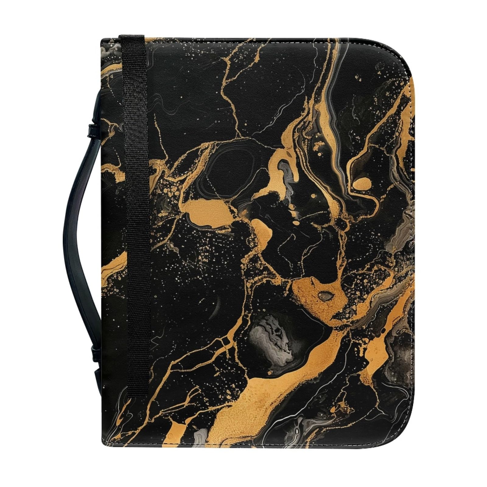 ENEN Bible Cover Tote Bag, 3D Marble Print Bible Bag Bible Cover Case Waterproof PU Leather Large Bible Case/Bible Book Cover with Handle, Zip & Pen Storage (Black Gold,25.9x17.8cm)