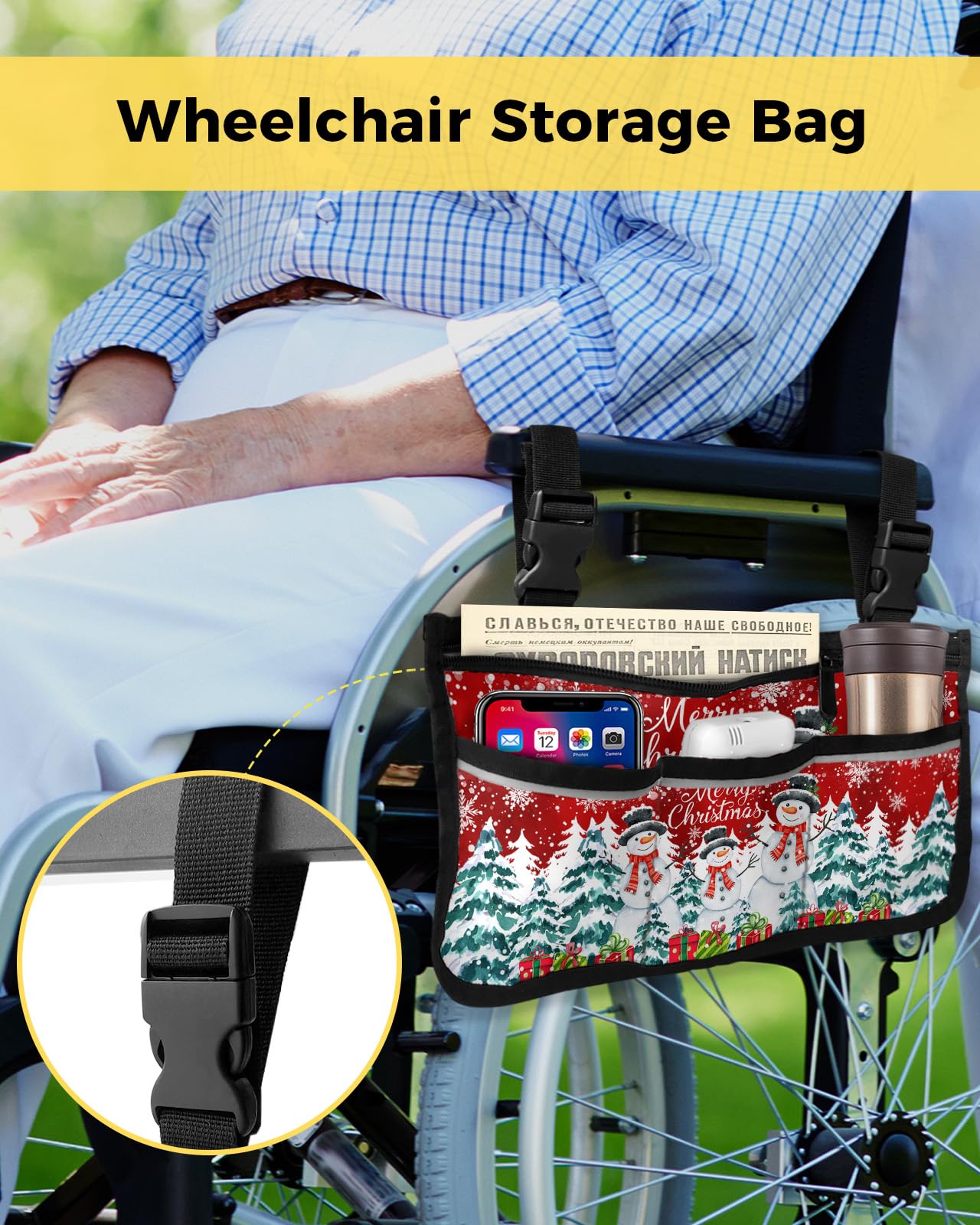 Christmas Snowman Wheelchair Side Bag Walker Bag, Xmas Tree Snowflake Red Wheelchair Accessories Armrest Pouch, Organizer Storage Bag for Walkers, Rollators, Scooters, 7.3''x13''