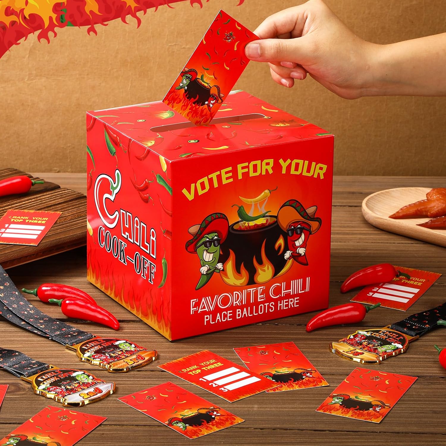 64 Pieces Chili Cook Off Contest Ballot Box with 60 Voting Cards and 3 Trophy Award Sashes for Chili Off Award Party Supplies Decorations Cook Chef Contest Prizes (Red) - Image 2