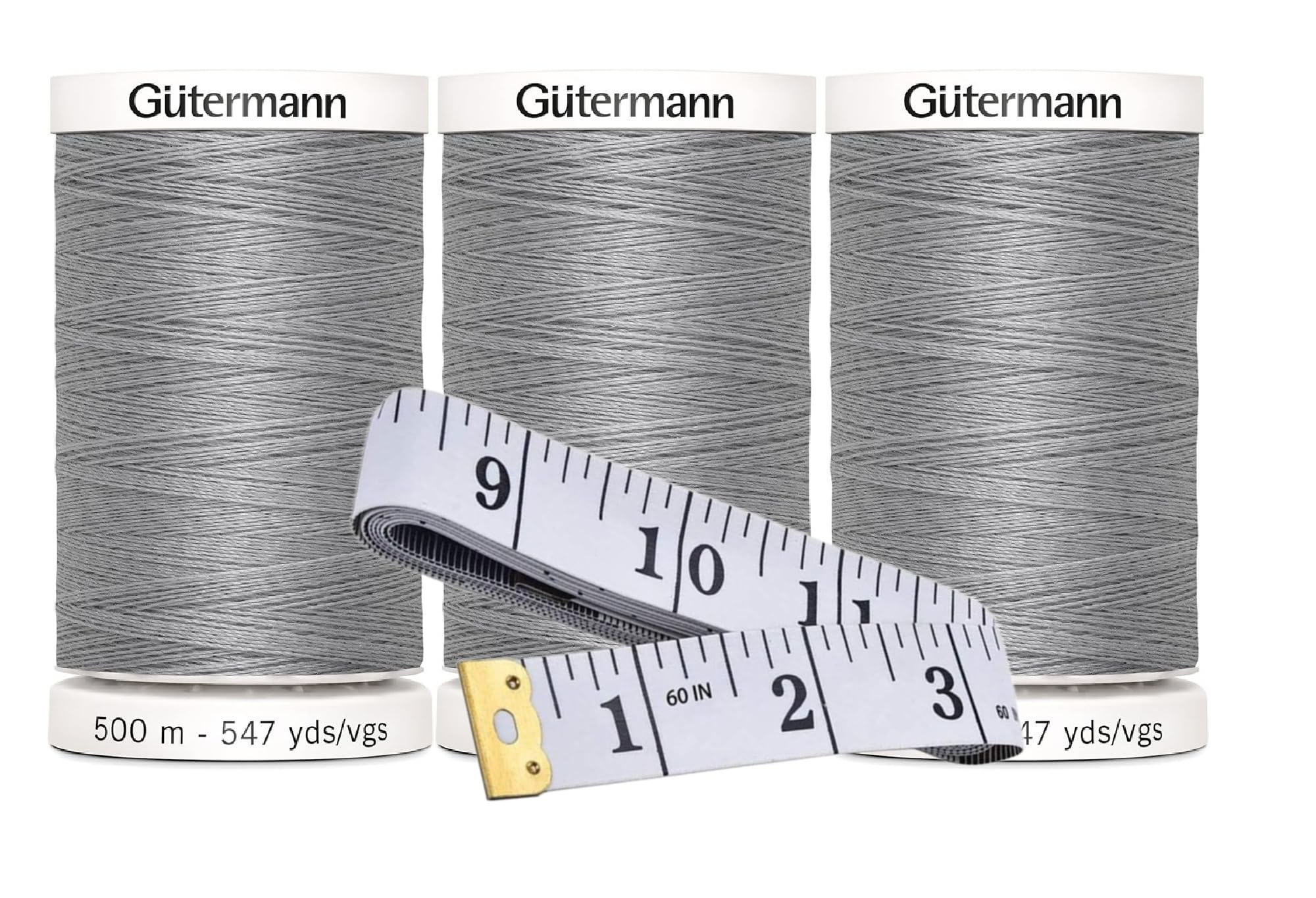 Gutermann Sew-All Thread (500m/547yd Each), 3-Pack Bundle with Bella's Crafts Soft Tape Measure (Mist Grey - 102)
