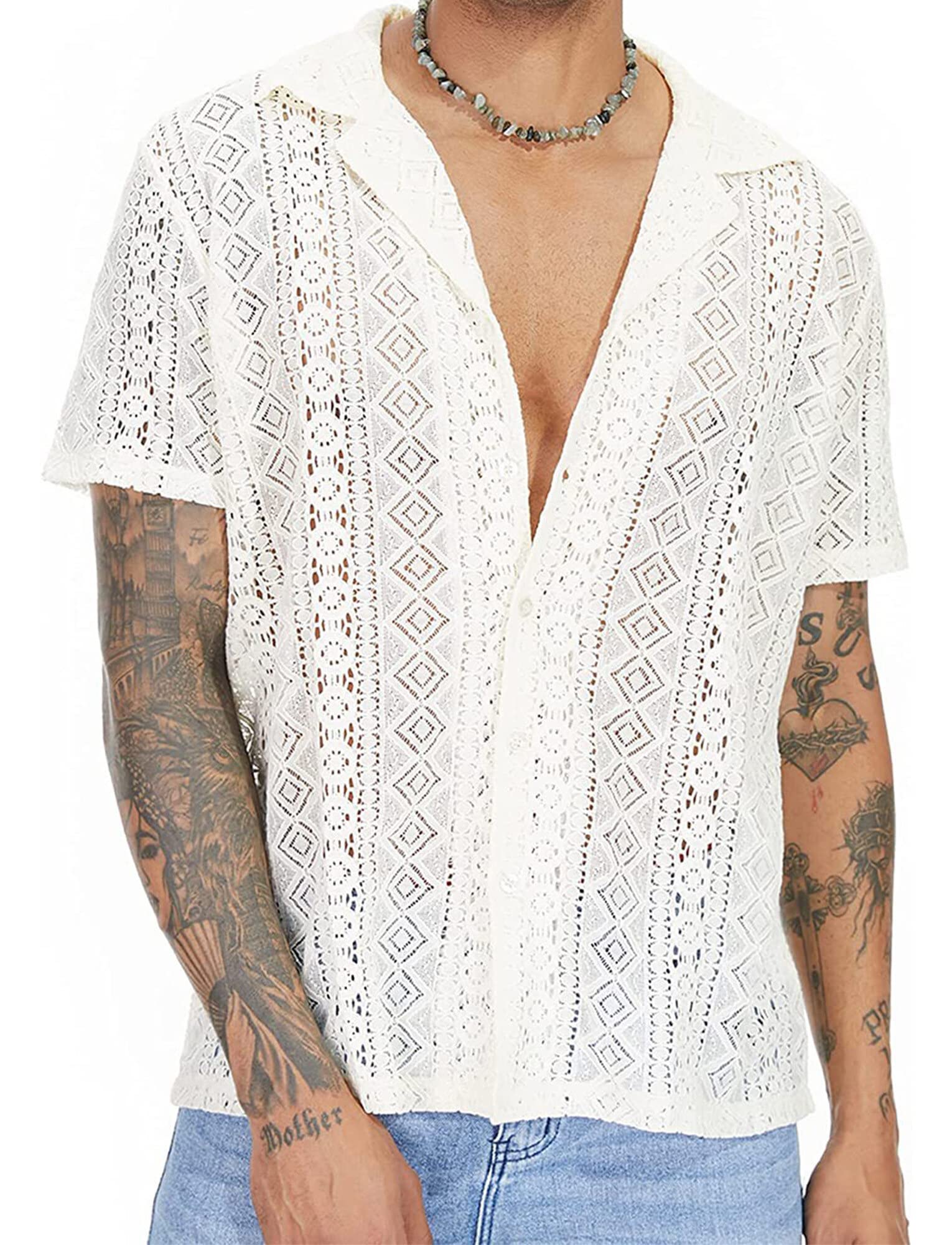FEOYA Camicia in pizzo da uomo, maglietta a rete, a maniche corte, per discoteca, feste, rave