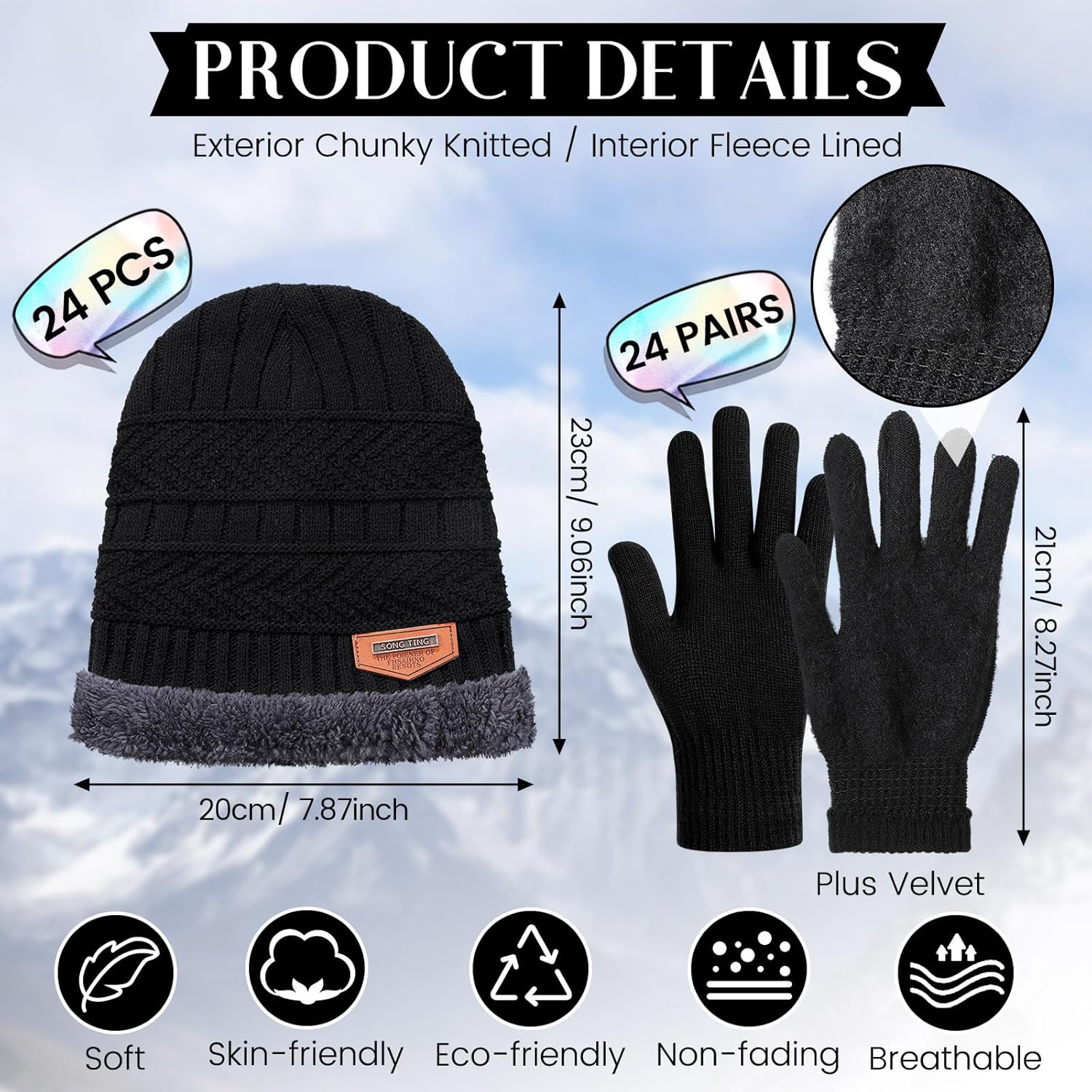 Suhine 48 Pcs Winter Beanies Hat Gloves Bulk Sets Knit Thick Snow Skull Cap Fleece Lined Warm Mittens for Women Men Unisex Adults Homeless Gift Black