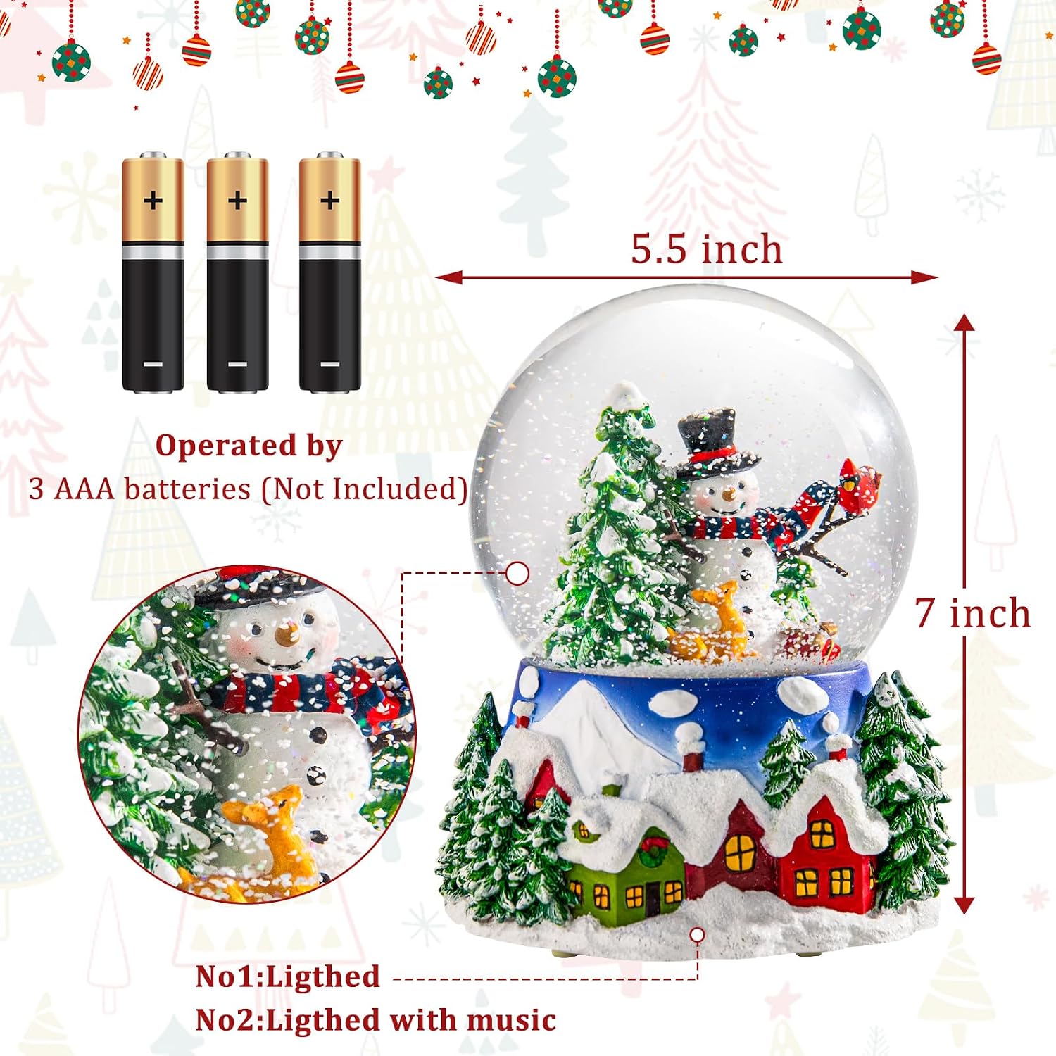Taman Christmas Snow Globe, Snoman and Christmas Tress House Musical Snowglobe with Swirling Glitter Snowflakes Lighted Christmas Decorations Tabletop Home Décor