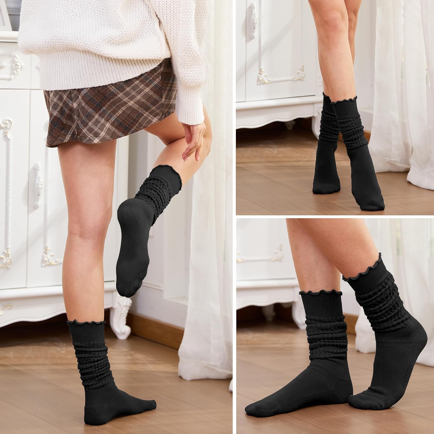 Women’s Ruffle Slouchy Socks 3 Pack Retro Cute Frilly Scrunch Knee High Cozy Cotton Long Boot Chunky Socks Size 6-11 - Image 2