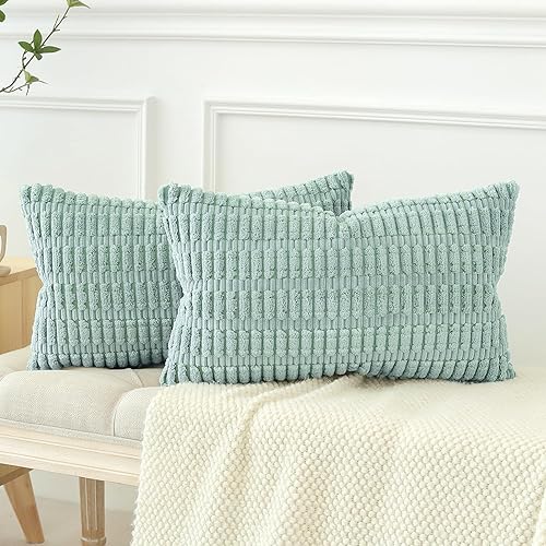 Miniatura 5 de OTOSTAR Paquete de 2 fundas de almohada decorativas de pana suave de 16 x 24 pulgadas, fundas de almohada bohemias a rayas, fundas de cojín lumbar,